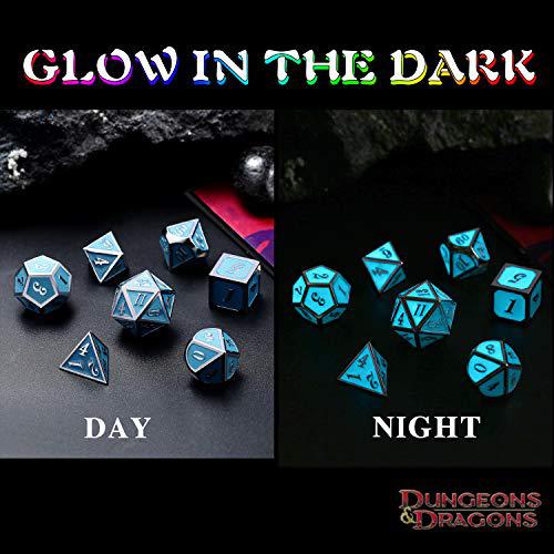 DNDND glowing dnd metal dice set,luminous blue metal dice for role playing game dungeons and dragons rpgs and other table games