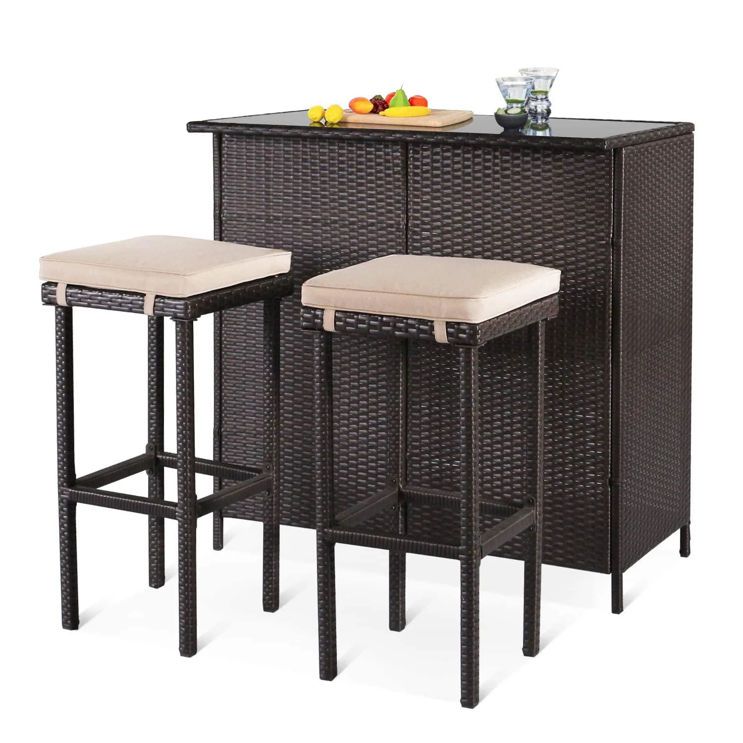 omelaza 3-piece patio bar table set outdoor wicker bistro set - glass bar and two stools with cushions for patios, backyards,