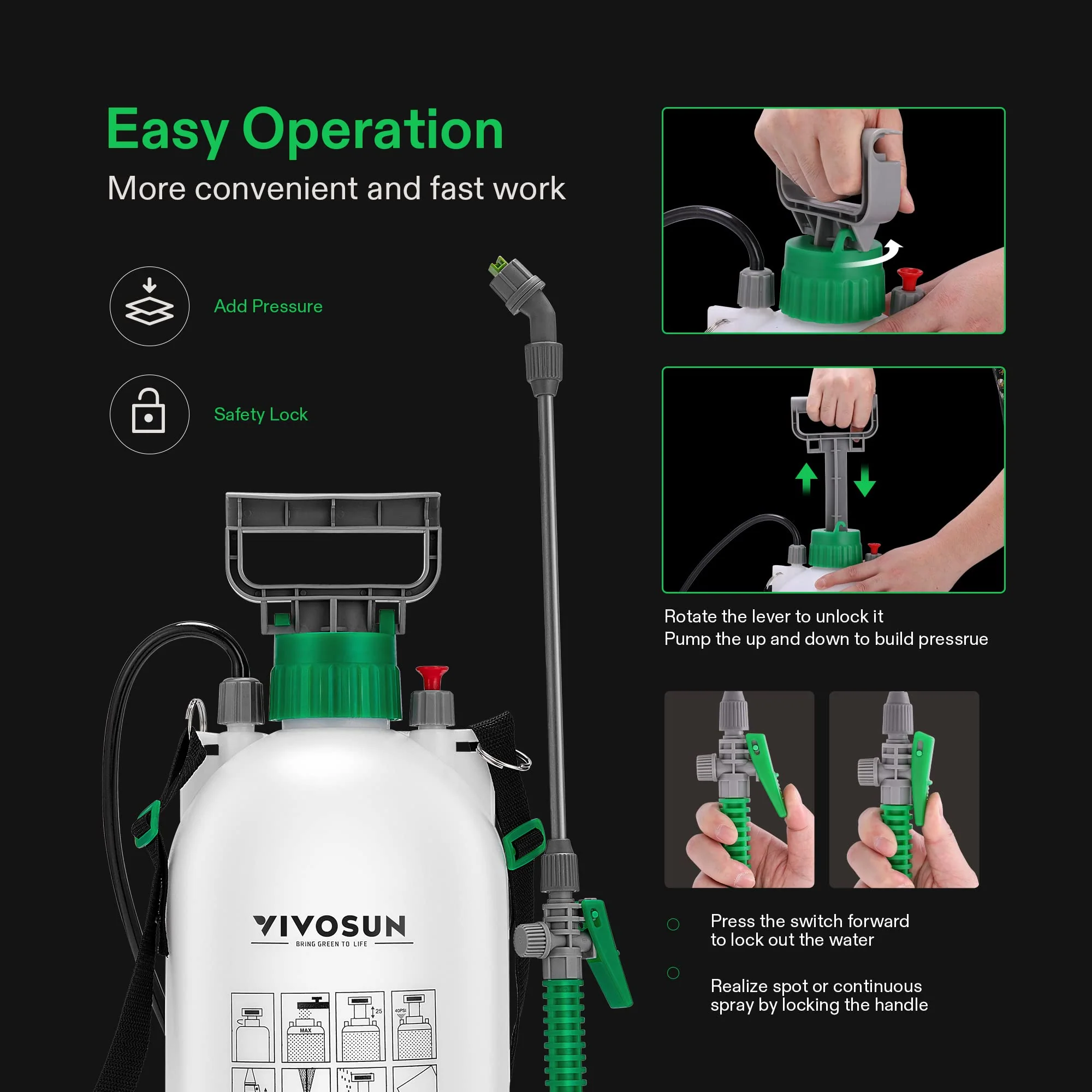 VIVOSUN 1.3 Gallon Pump Pressure Sprayer, 5L Pressurized Lawn &a; Garden Water Spray Bottle with 3 Water Nozzles, Adjustable Shoul