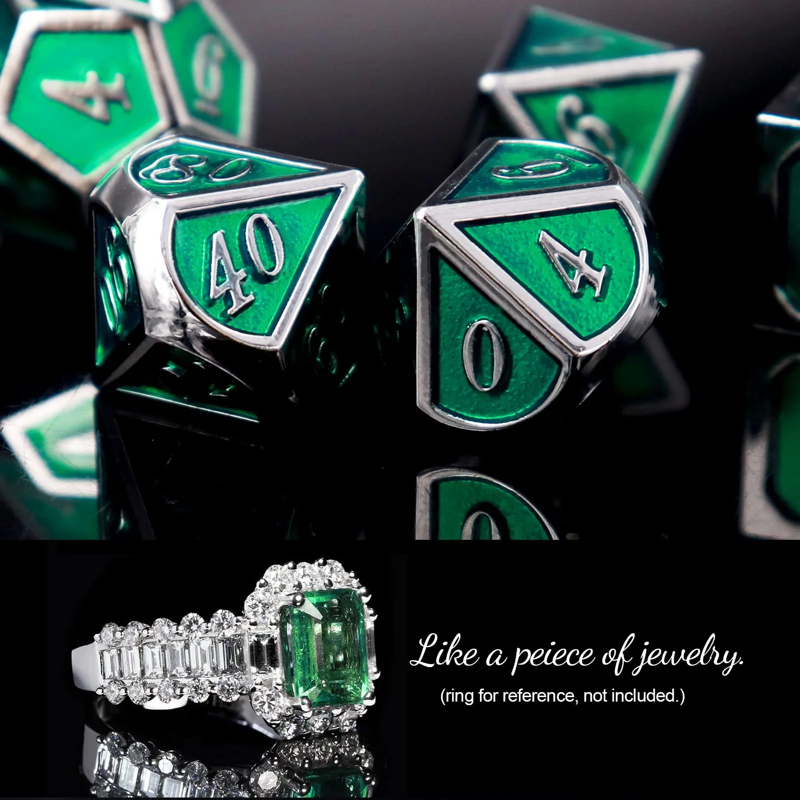 Haxtec 7 Die Metal DND Dice Set Green Elven Goblin D&a;D Dice Set for Dungeons and Dragons RPG Gaming-Silver Emerald Green Elvish