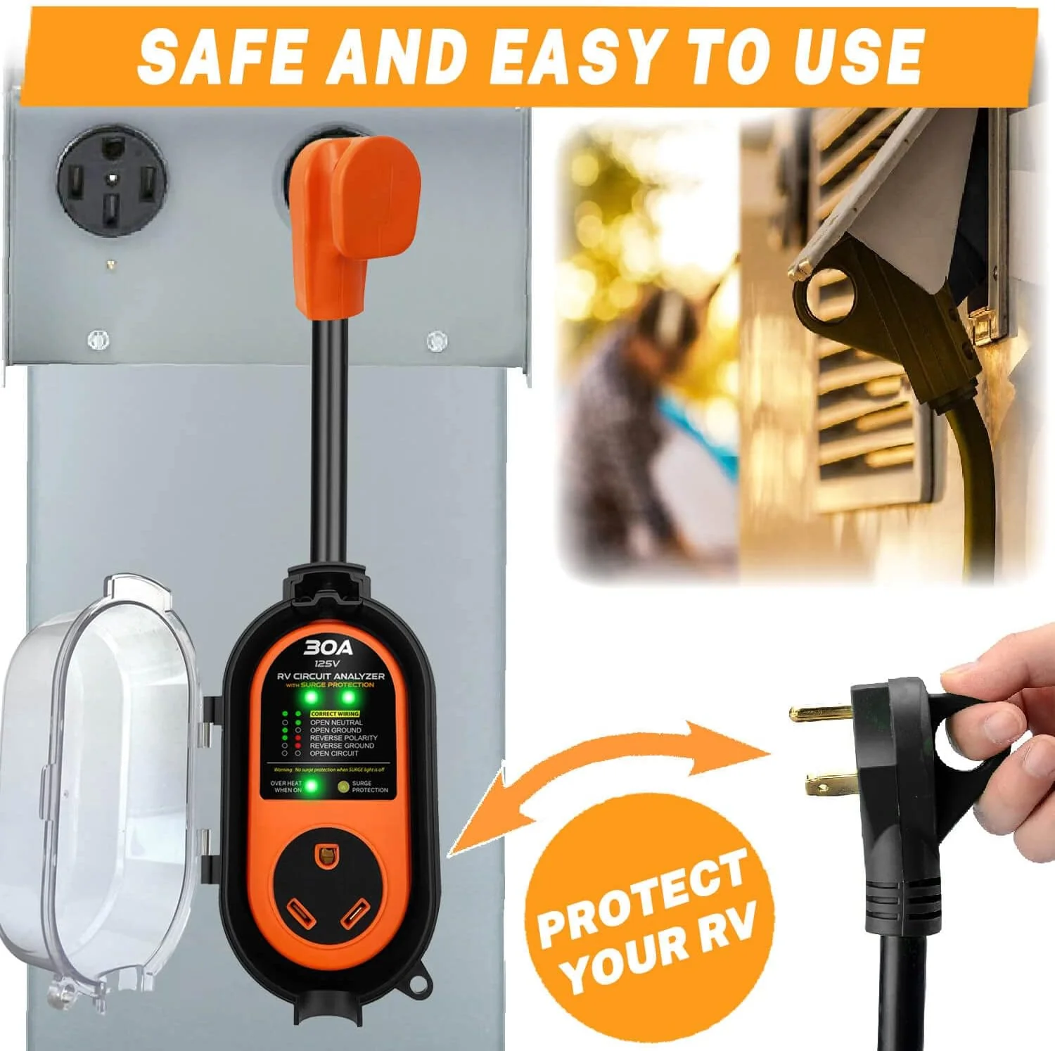 Carmtek 30A RV Circuit Analyze CARMTEK Portable RV Surge Protector 30 Amp with Waterproof Cover - RV Circuit Analyzer with Integrated Surge Protection - Smart