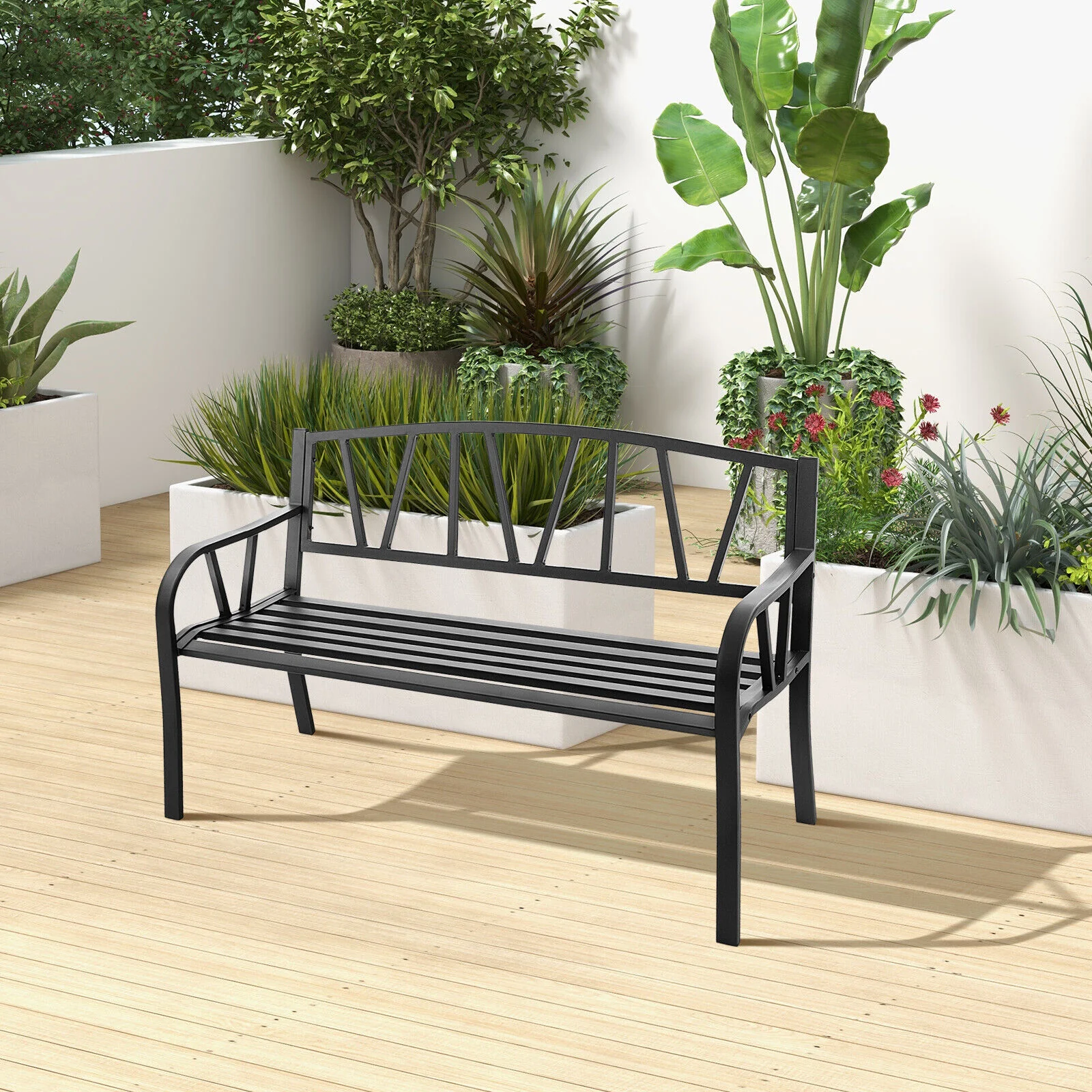 Great Choice Products Outdoor Patio Garden Bench Metal Frame W/ Ergonomic Armrest 660 Lbs Max Load