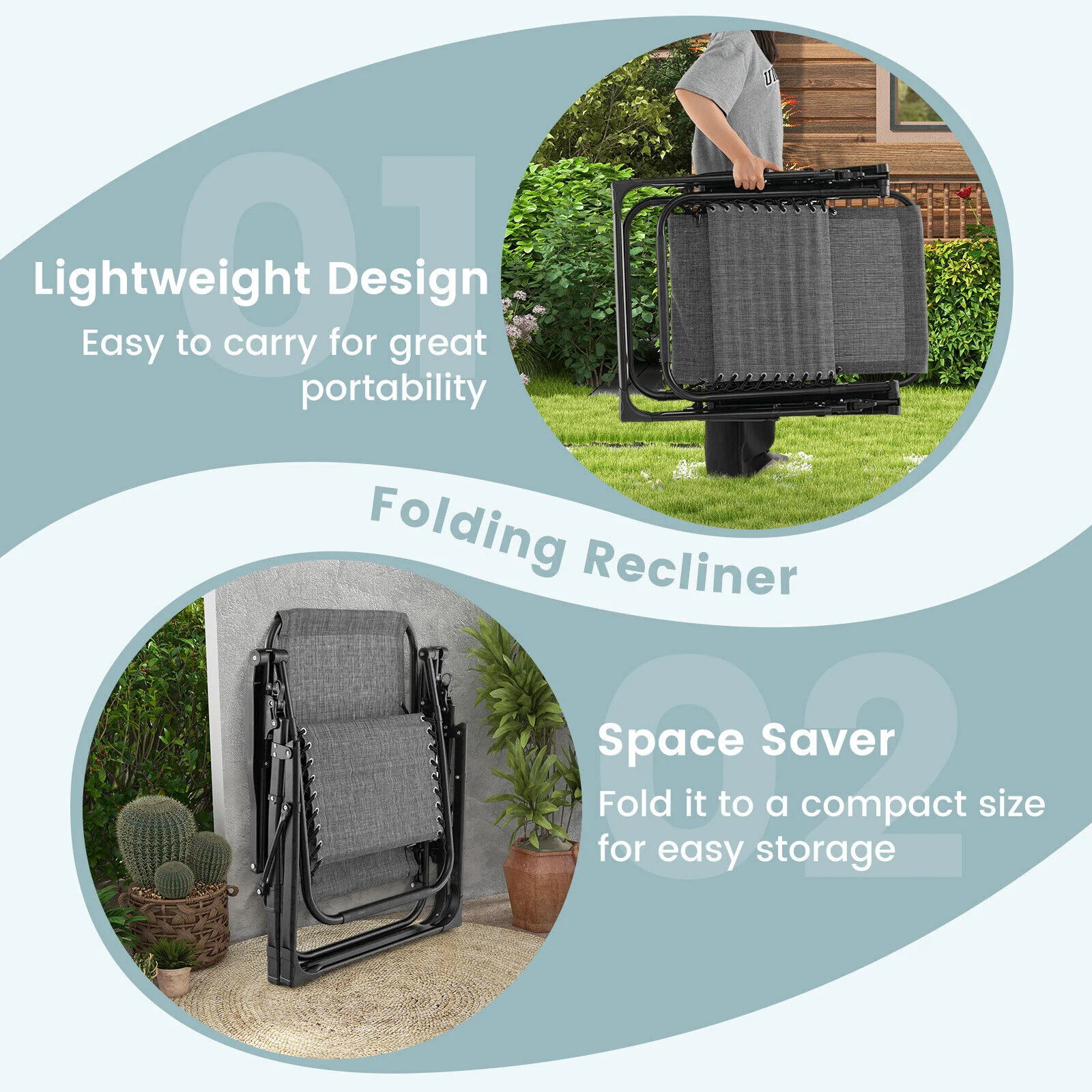 Great Choice Products Patio Zero Gravity Lounge Chair Cushion Tray Folding Outdoor Recliner Grey