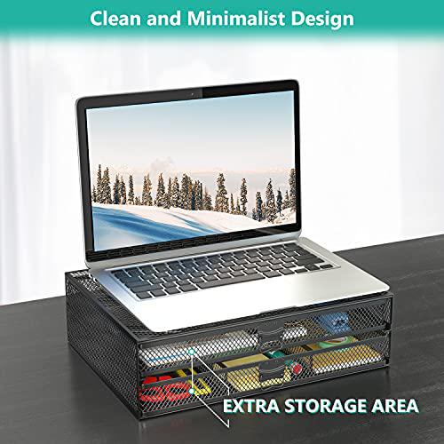 wali metal mesh monitor riser desktop stand with storage drawers for computer, laptop, led, lcd, oled flat screen display, an