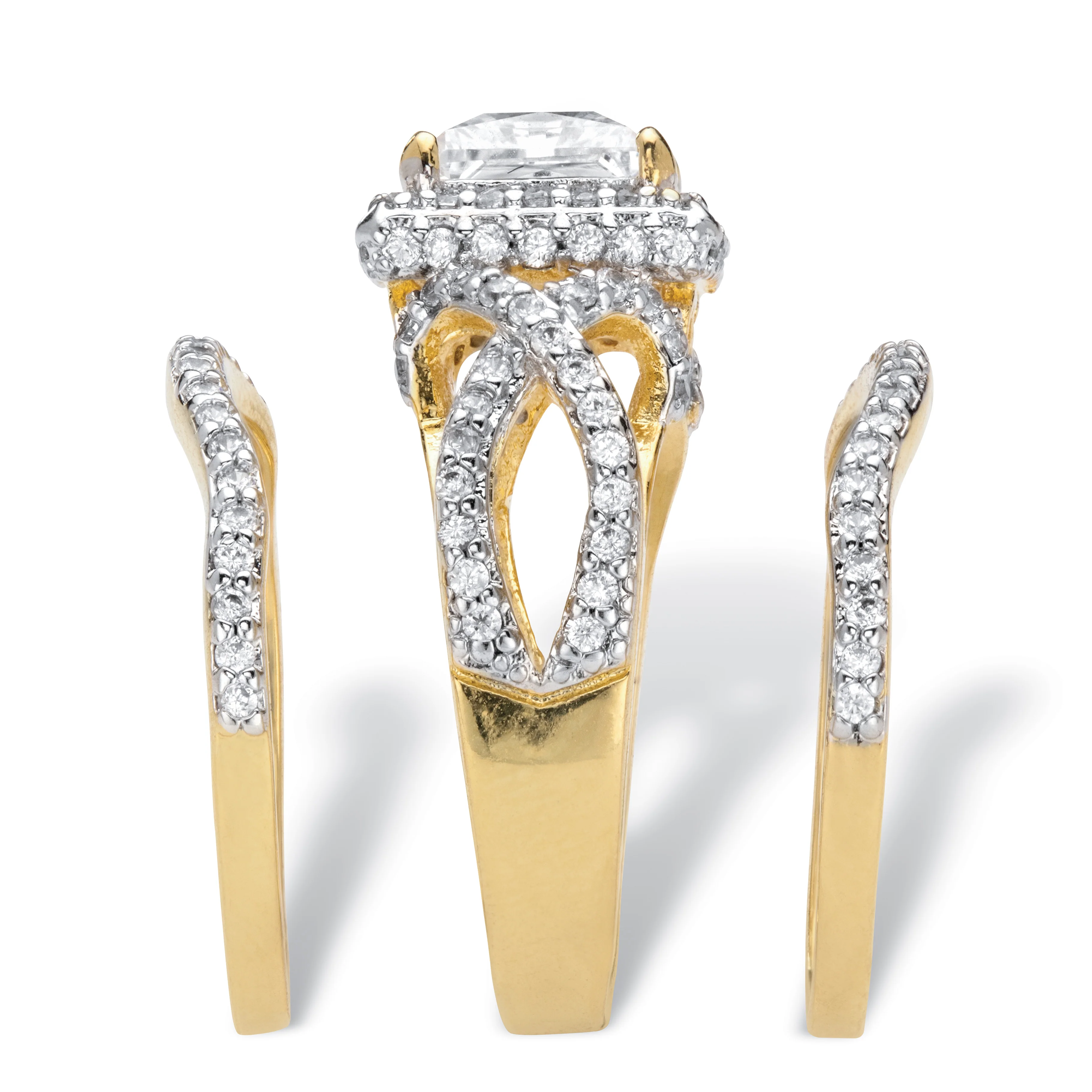 PalmBeach Jewelry Princess-Cut Cubic Zirconia 3-Pc. Crossover Halo Bridal Ring Set 2.82 TCW in 14k Yellow Gold-plated Sterling Silver