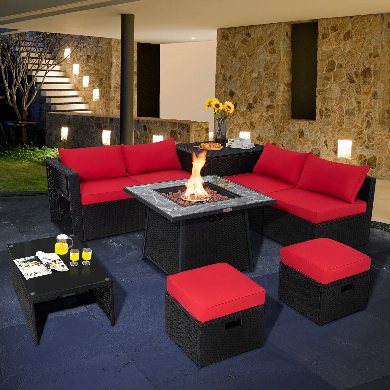 Great Choice Products 9Pcs Patio Wicker Furniture Set Fire Pit Space-Saving Storage W/Cover Red