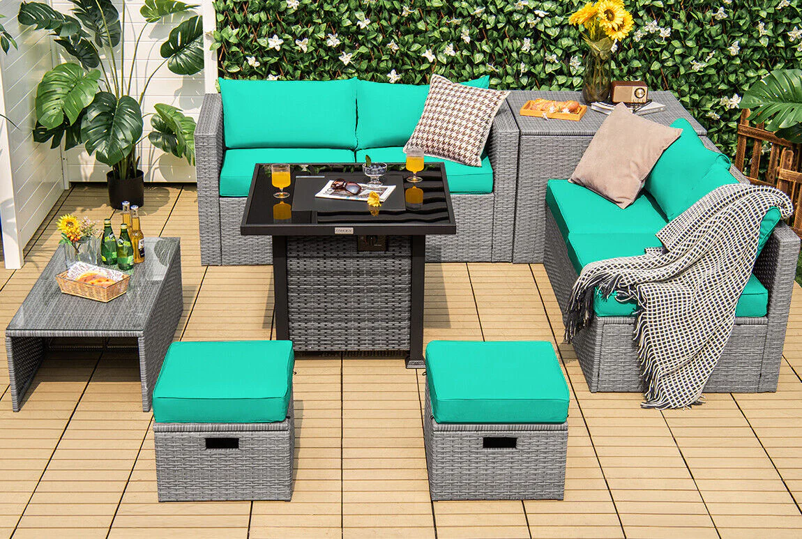 Great Choice Products 9Pcs Patio Rattan Furniture Set Fire Pit W/Cover Space-Saving Storage Turquoise