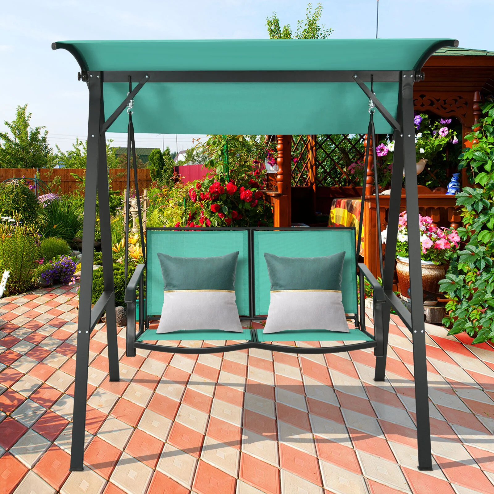 Great Choice Products 2-Person Outdoor Patio Porch Swing Chair W/ Adjustable Canopy Turquoise