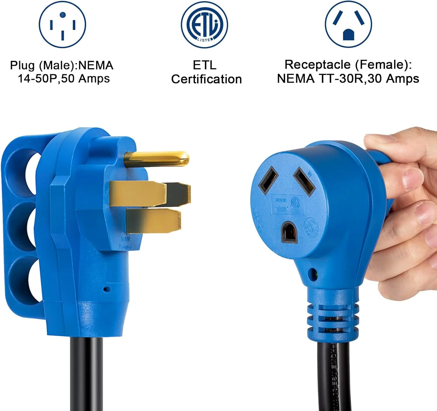 Gloppers RV Adapter Cord 50 Amp to 30 Amp for RV Trailer Camper, 14-50P Male to TT-30R Female, Dog-Bone Electrical Power Plug with LED P
