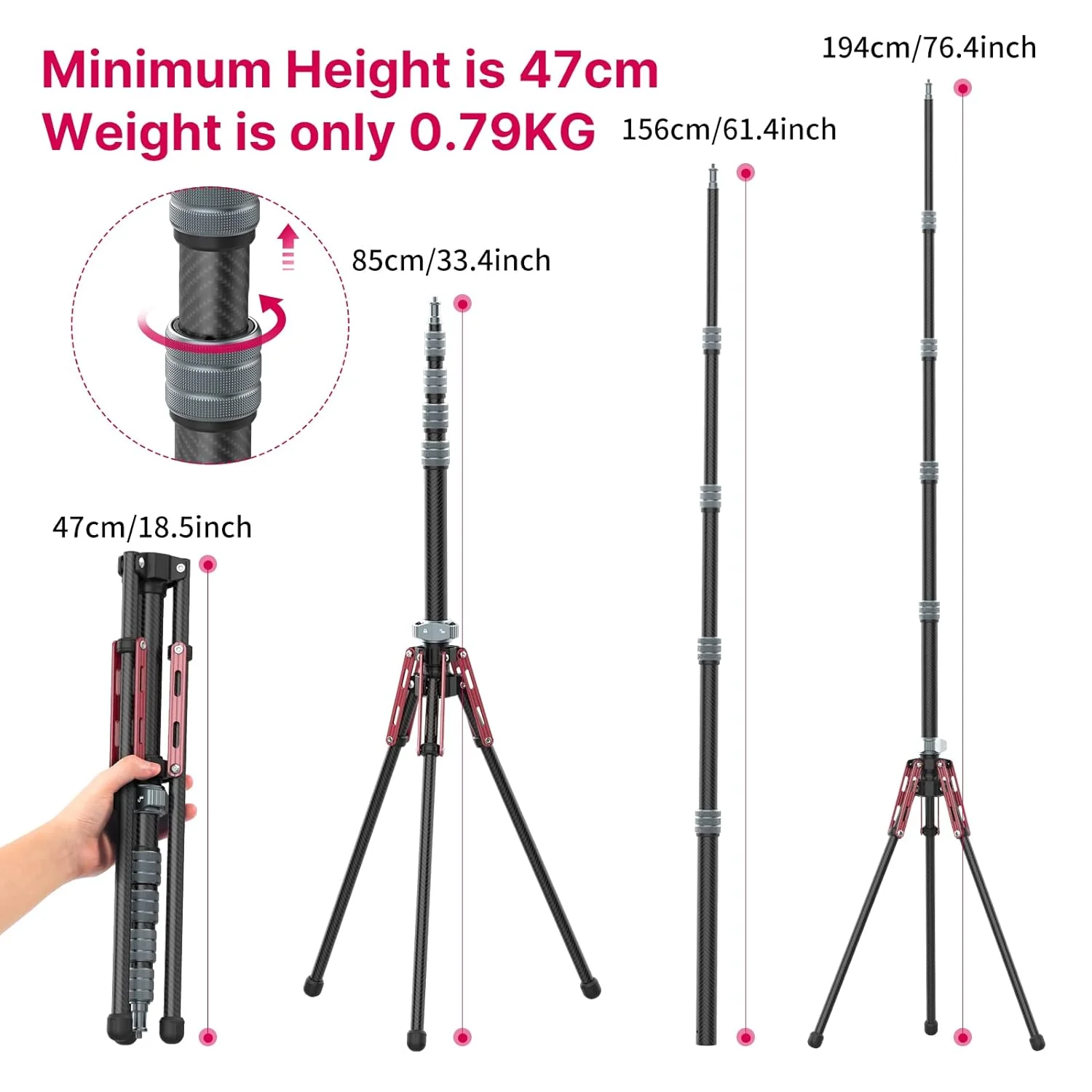 Zell Electronics Zell Light Stand Carbon Fiber Mt-49, Adjustable Tripod Stand For Photography With Phone Clip, 194Cm/76.4Inch Studio Sturdy Tr…