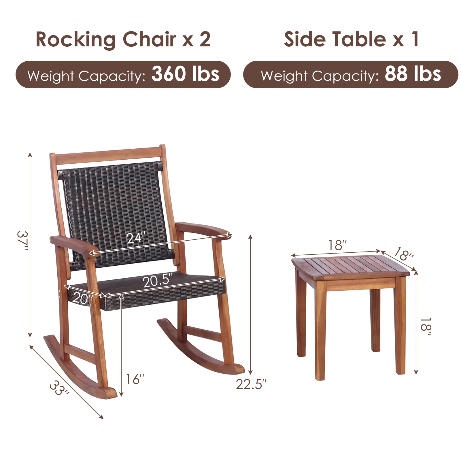 Topbuy Patiojoy 3 PCS Patio Rattan Bistro Set Outdoor Rocking Chairs &a; Table Set Rustic Brown