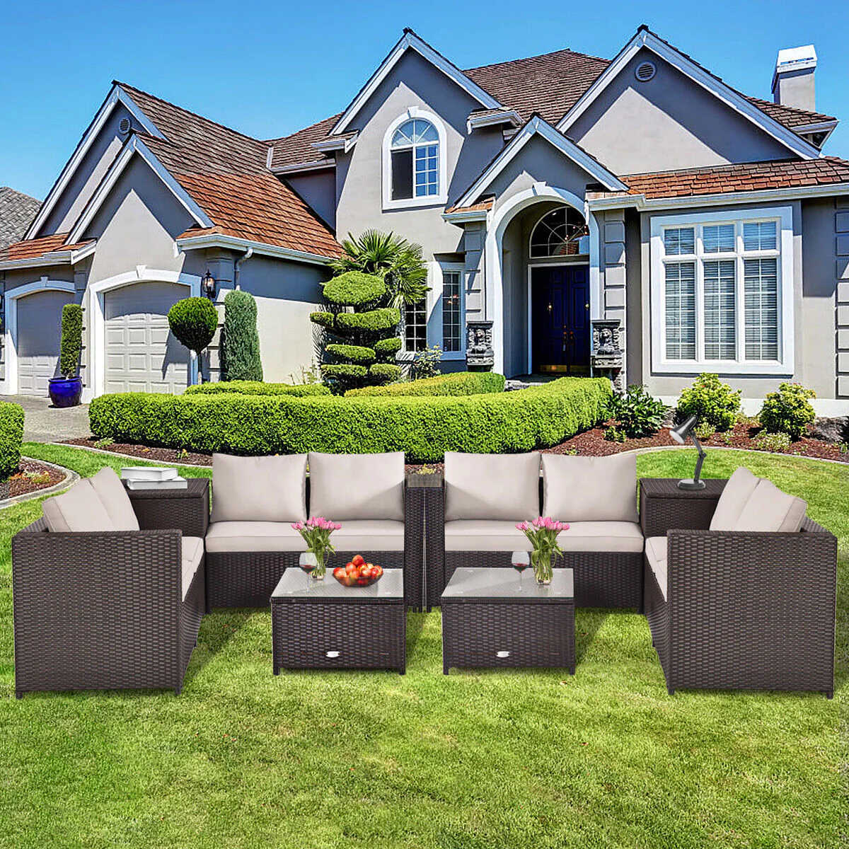 Great Choice Products 8Pcs Outdoor Patio Rattan Furniture Set Cushioned Loveseat Storage Table