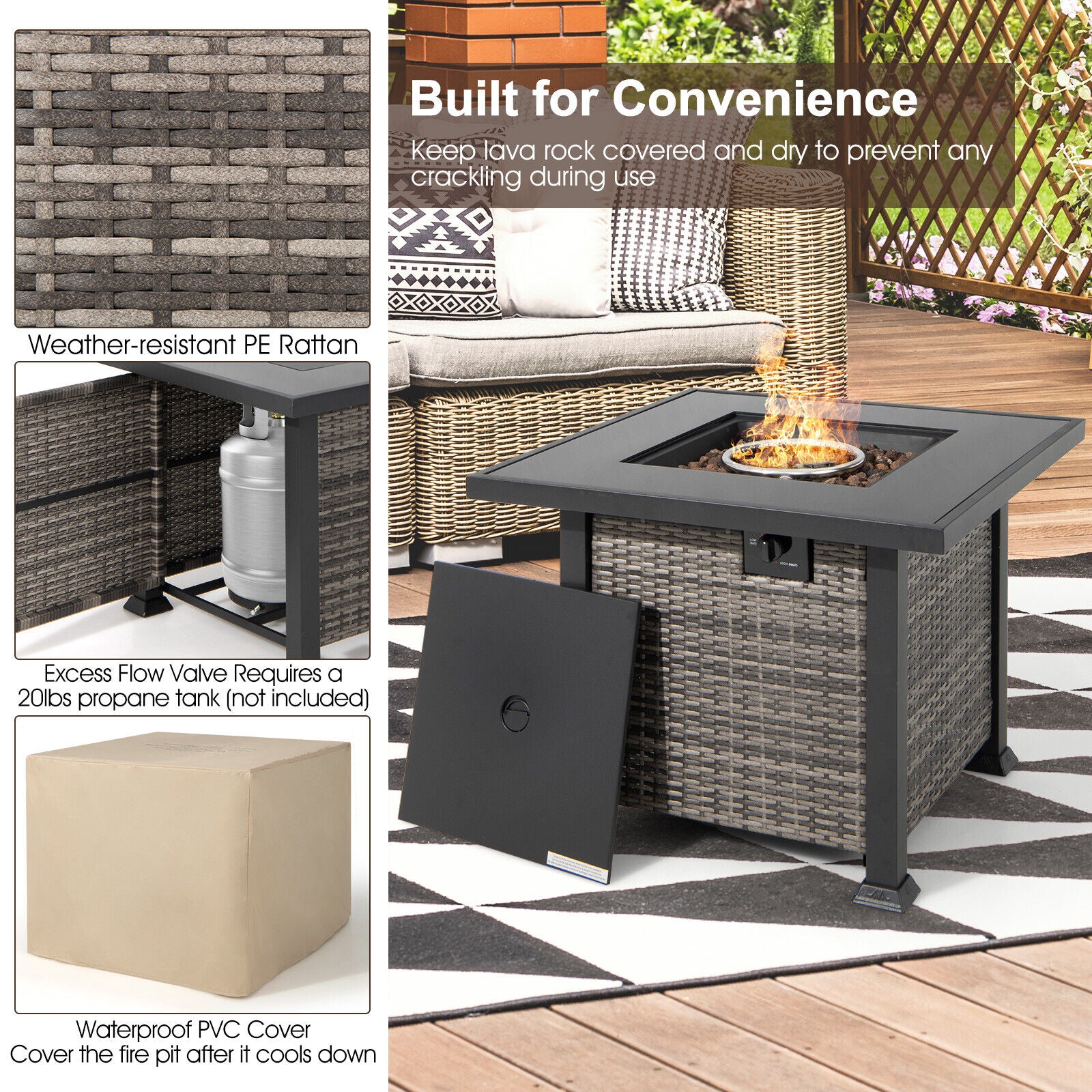 Great Choice Products 9Pcs Patio Rattan Furniture Set Fire Pit W/Cover Space-Saving Storage Grey