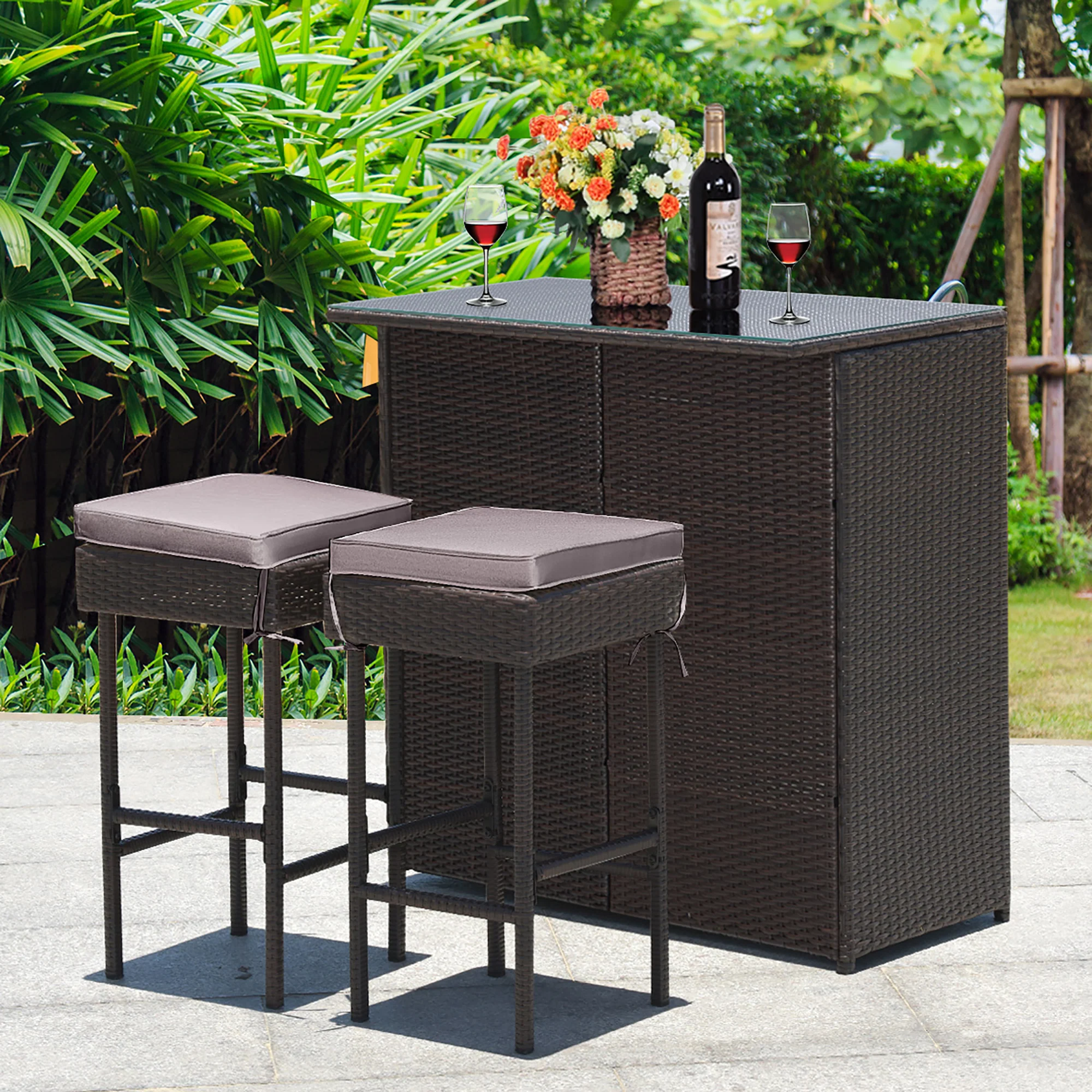 Costway Patio 3PCS Rattan Bar Table Stool Set Cushioned Chairs with  Cover