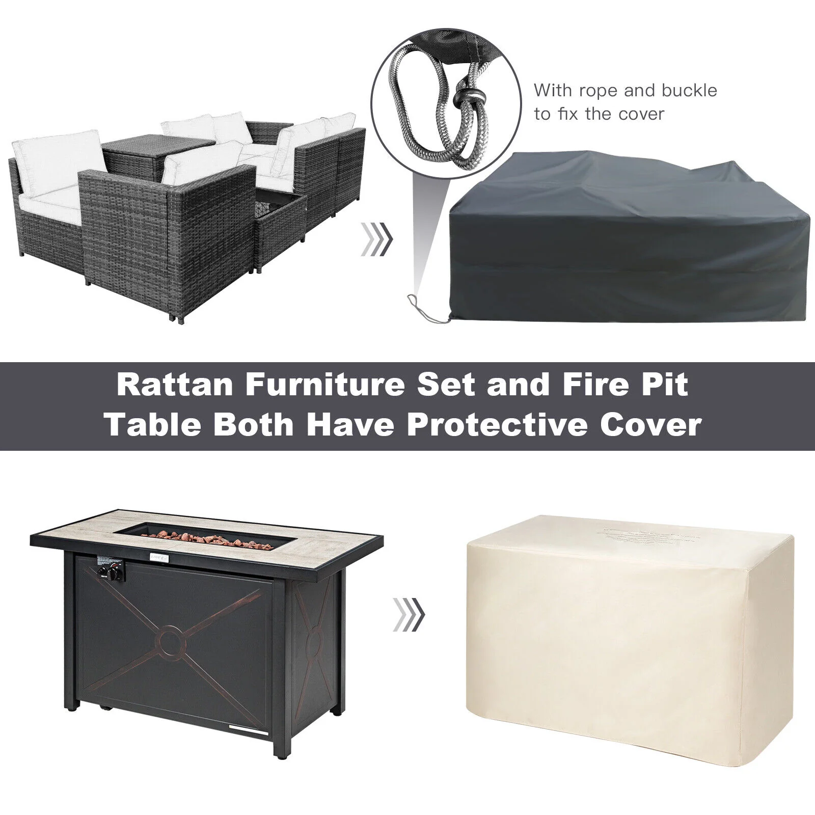 Great Choice Products 9 Pcs Patio Rattan Furniture Set Fire Pit Table Storage Red W/Cover