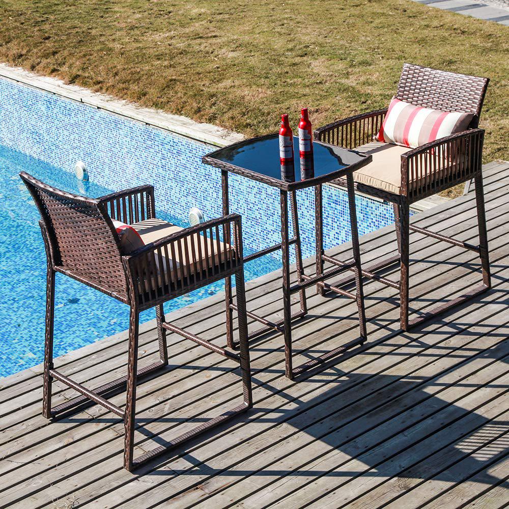 sunsitt 3-piece outdoor wicker bar height table set, 2 bar stools and 1 pub table with 2 striped pillows, seat cushions, stee