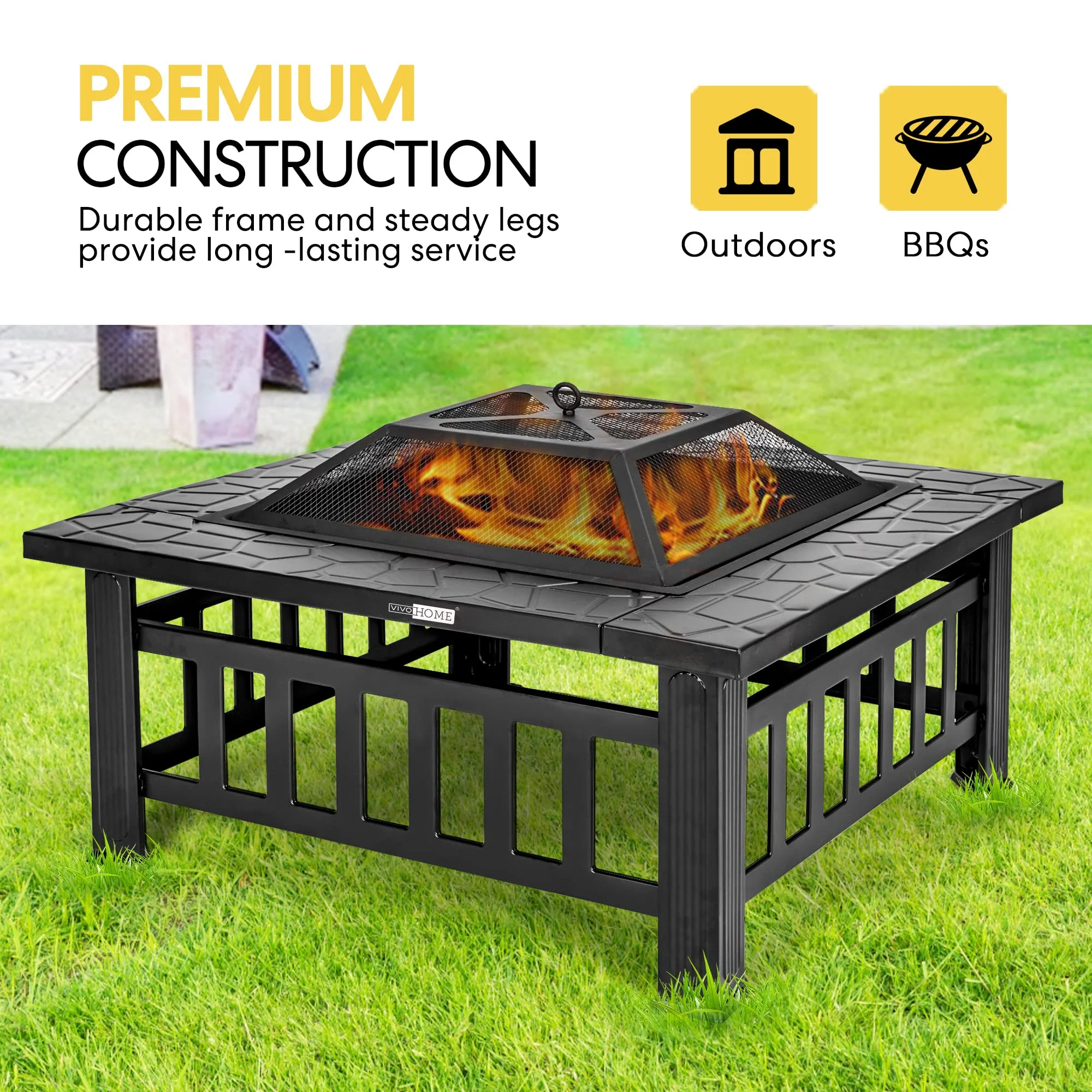 VIVOHOME 32 Inch Heavy Duty 3 in 1 Metal Square Patio Firepit Table BBQ garden Stove with Spark Screen cover Log grate and Poker