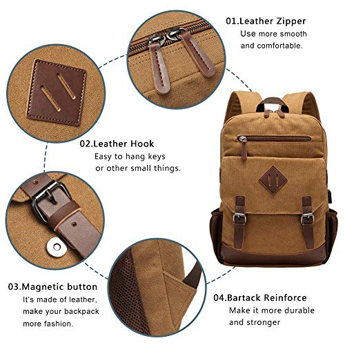 Modoker Canvas Backpack for Men Women, Vintage Rucksack Fits Most 15.6 Inch Laptop, Bookbag with USB Charging Port, Brown