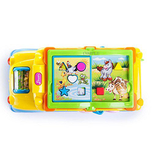 Dimple educational interactive school bus toy with tons of flashing lights, sounds, responsive gears and knobs to play with, tons of