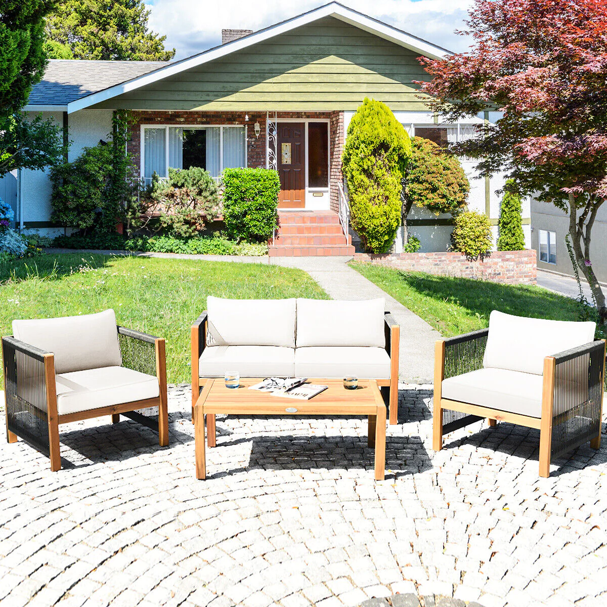 Great Choice Products 8Pcs Wooden Patio Furniture Set Cushioned Sofa W/Rope Armrest White