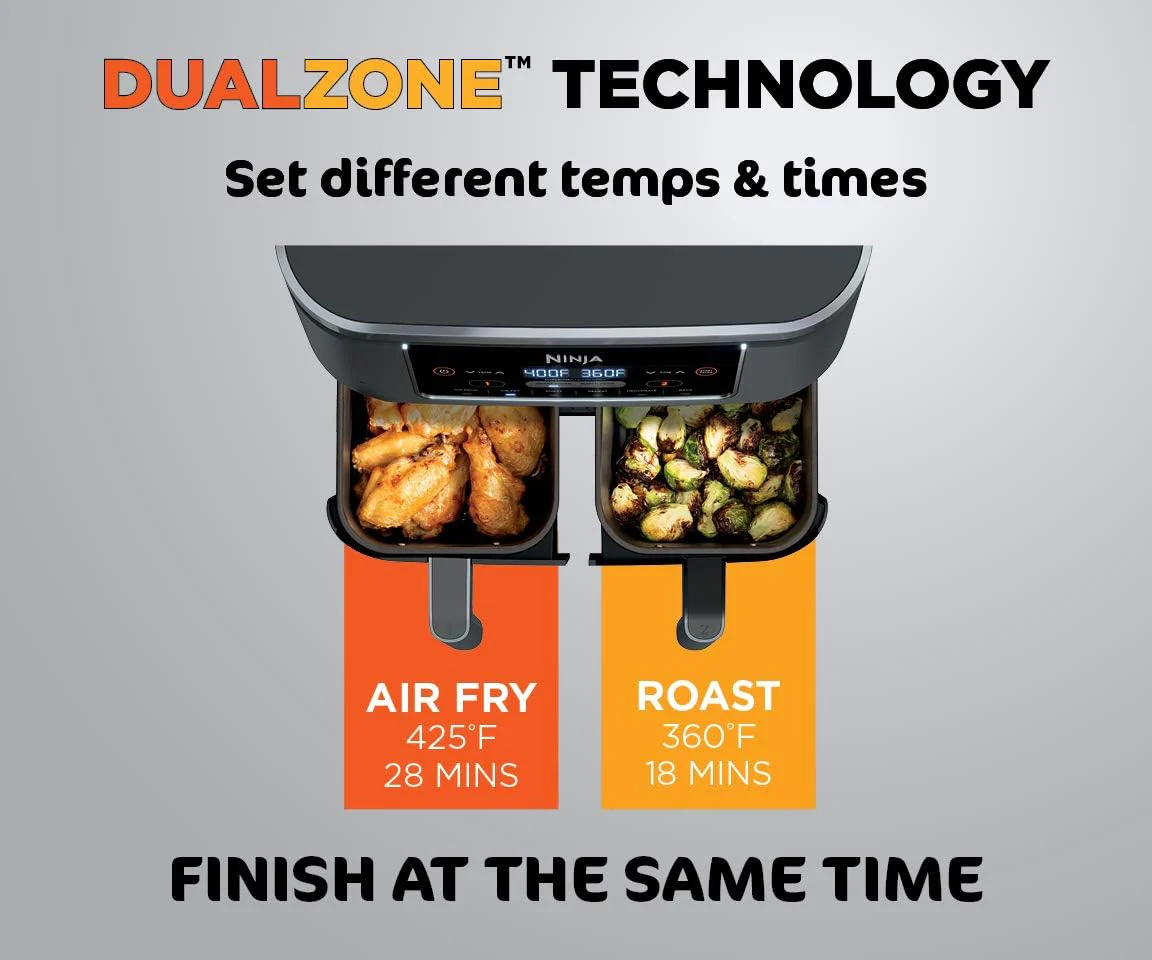 Ninja DZ201 Foodi 6-in-1 2-Basket Air Fryer with DualZone Technology, 8-Quart Capacity, and a Dark Grey Stainless Finish