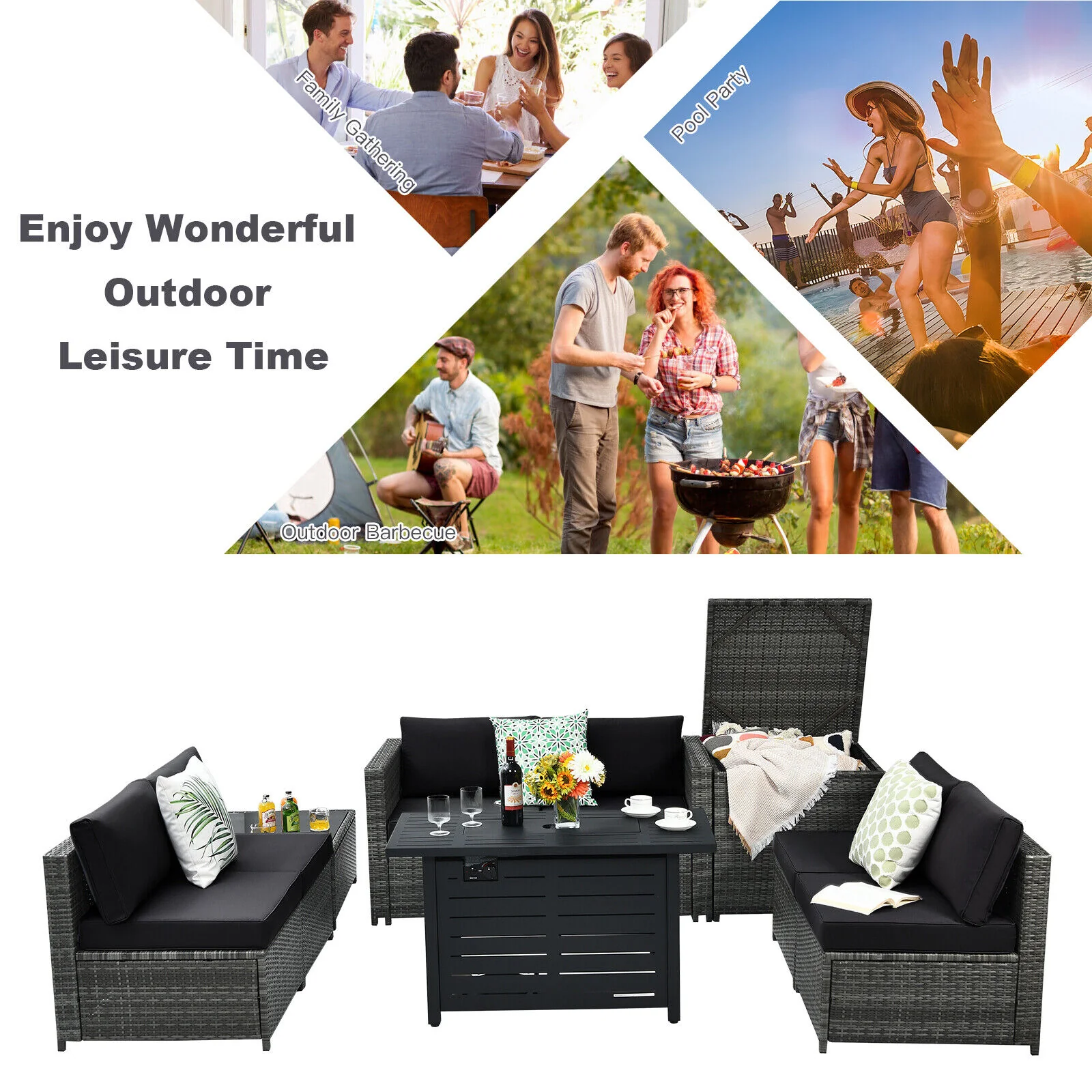 Great Choice Products 9Pcs Rattan Furniture Wicker Sofa Set W/ 60,000 Btu Heater Propane Gas Fire Pit