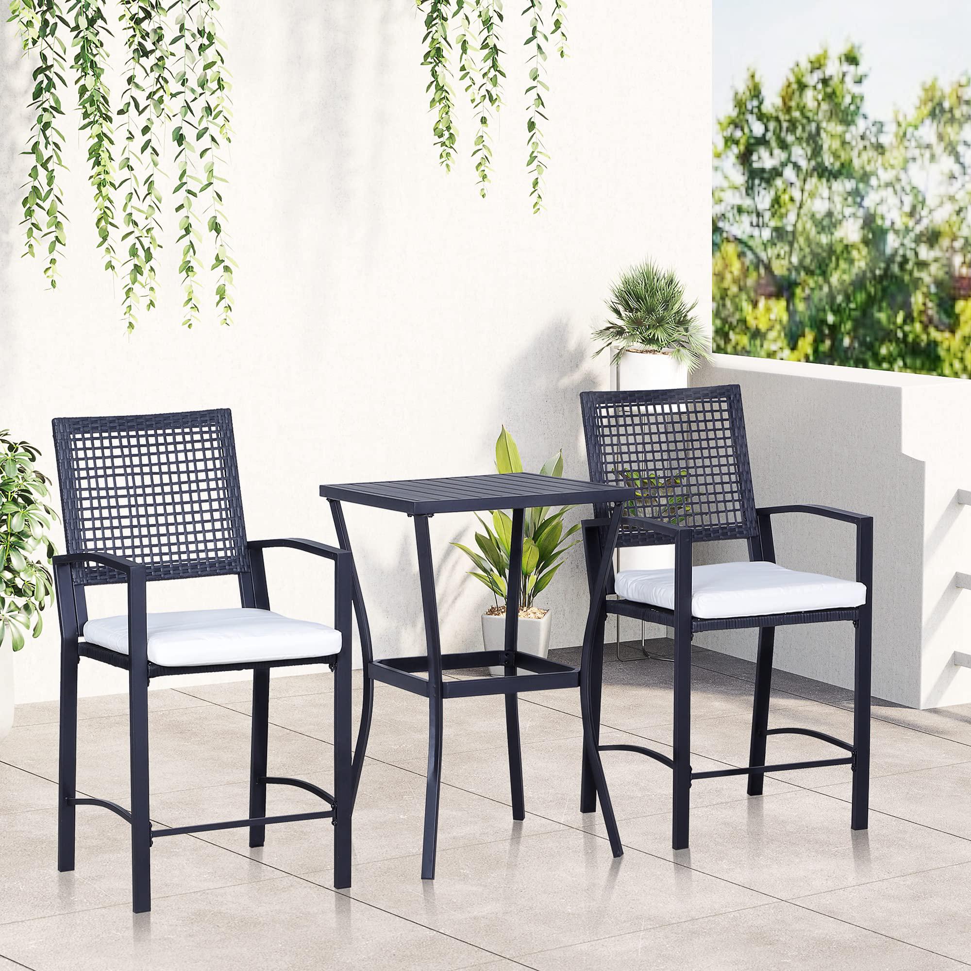 outsunny 3pcs patio bar set with soft cushion, rattan wicker outdoor furniture set for backyards, lawn, deck, poolside