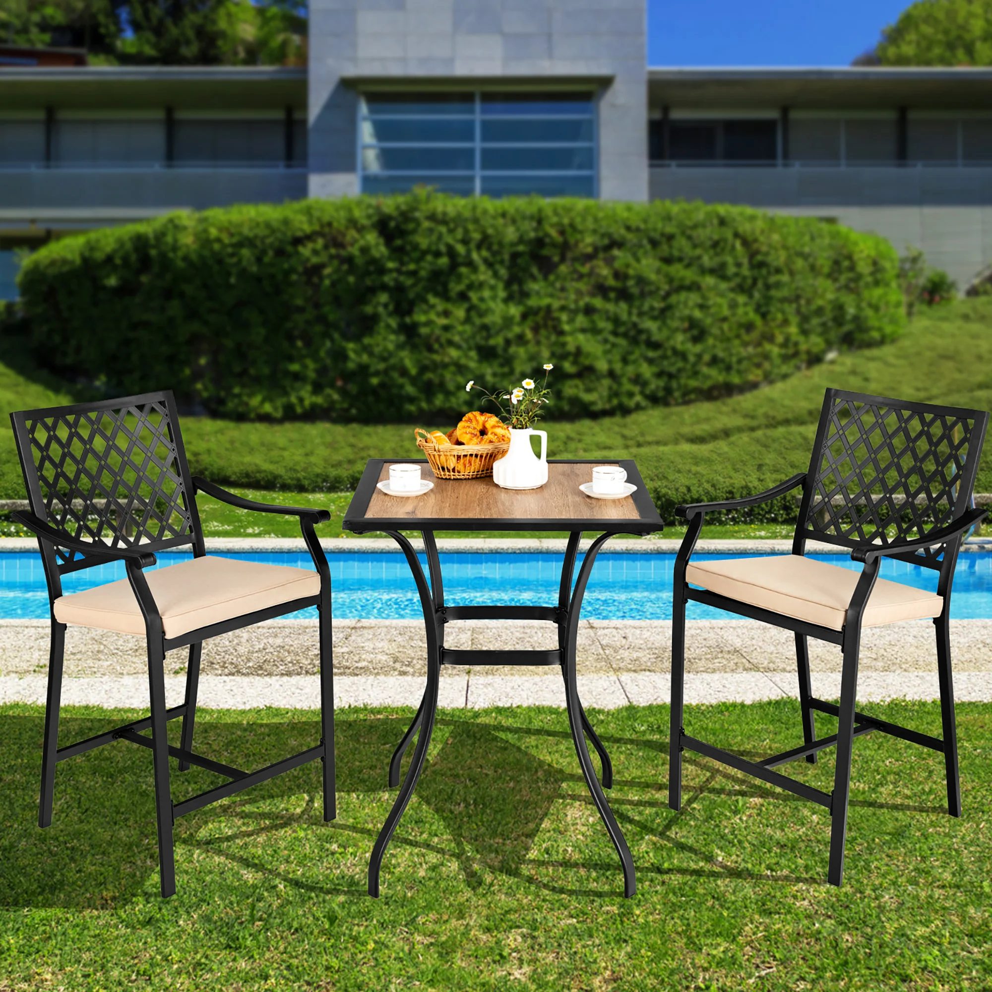 Costway 2PCS Patio Bar Stool Counter Height Cushioned Chair Armrest Garden Deck