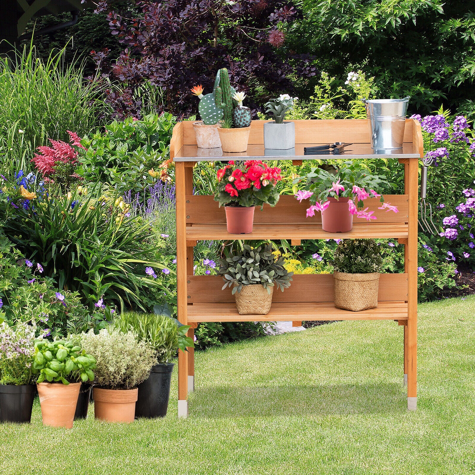 Great Choice Products Outdoor Garden Wooden Potting Bench Work Station Table Tool W/Hook Storage Shelf