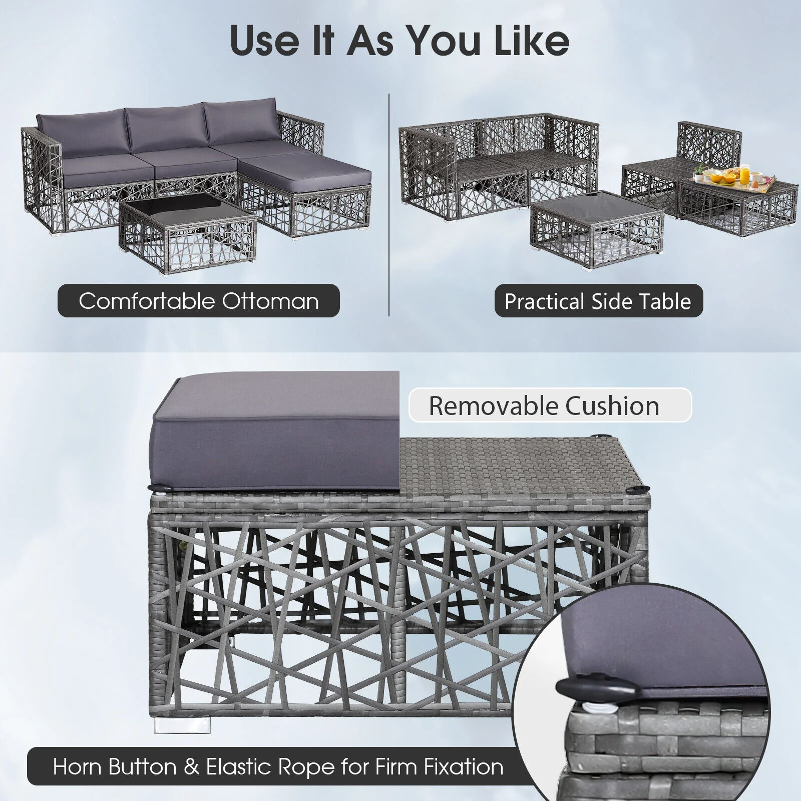Great Choice Products 5 Pieces Patio Pe Rattan Wicker Sofa Furniture Set Cushioned Outdoor Grey