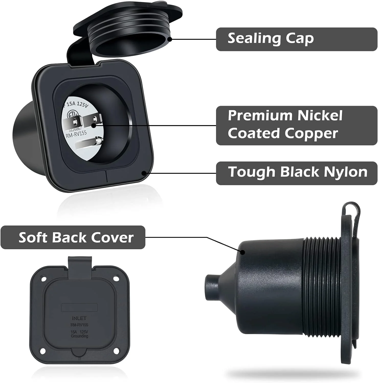 EilxMag 15 Amp RV Shore Power Inlet,  125V Flanged Inlet Power Inlet Port Plug NEMA 5-15P RV Outlet with Integrated Dual 18