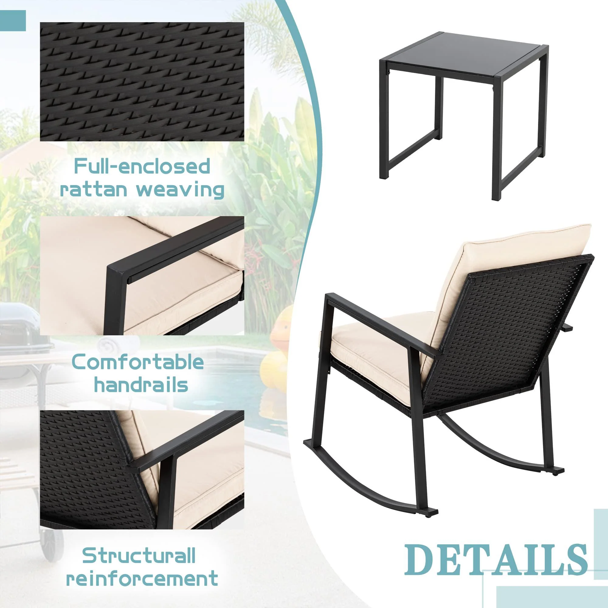 walsunny 3 pieces patio set outdoor wicker patio furniture sets modern rocking bistro set rattan chair conversation sets with