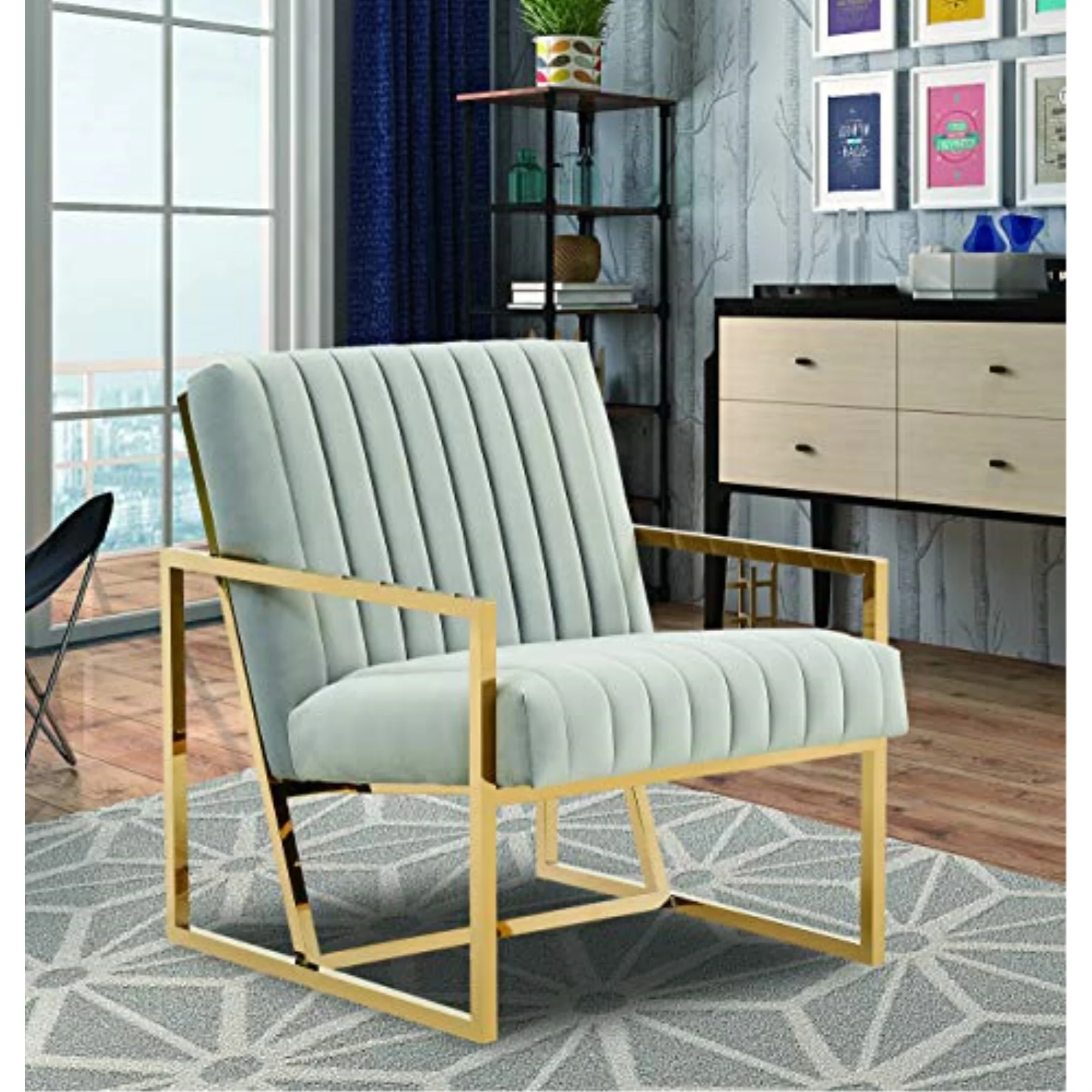 LeisureMod Montgomery Velvet Pinstripe Design Accent Armchair With Gold Frame