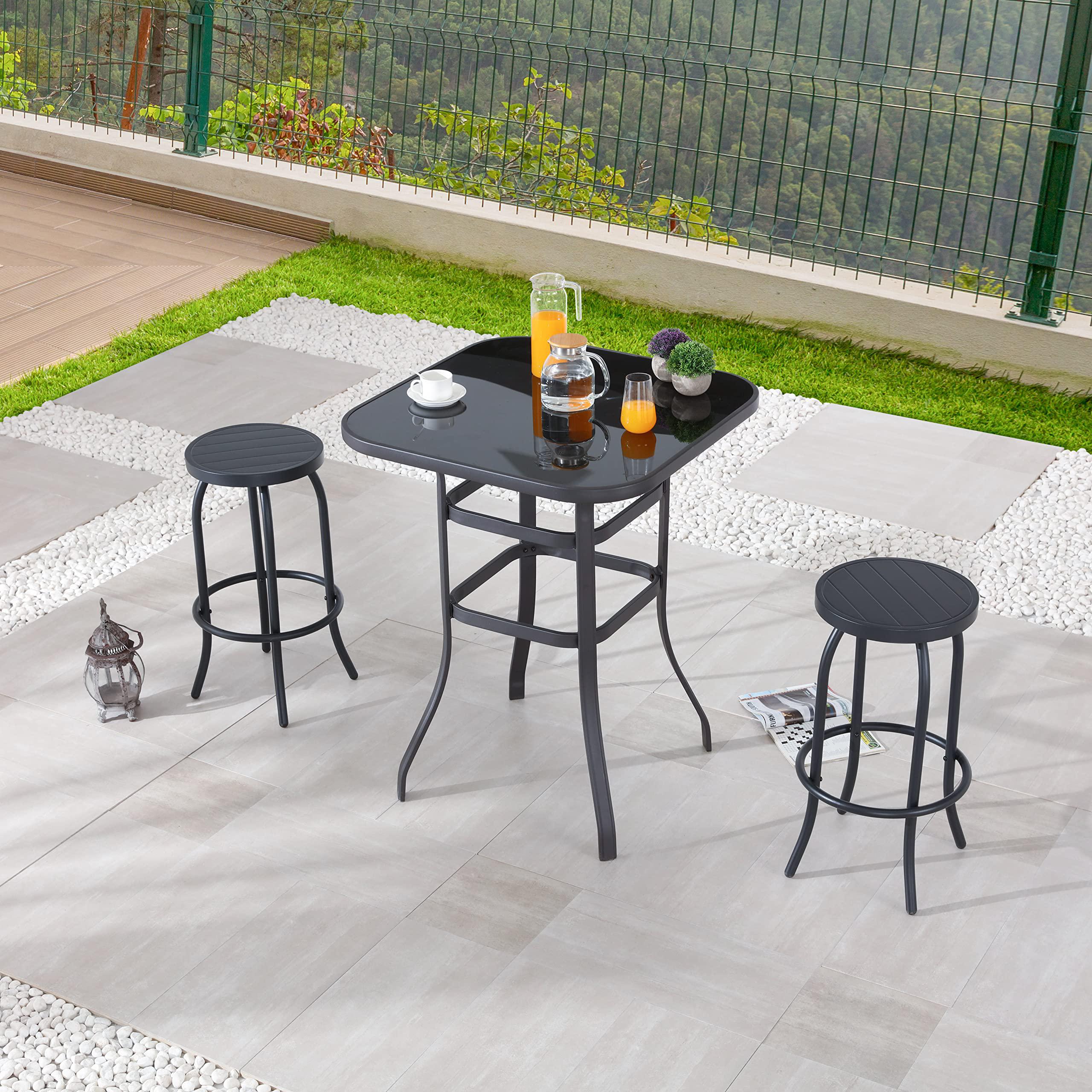 lokatse home 3 piece outdoor bar stool set metal chairs with square coffee table, black