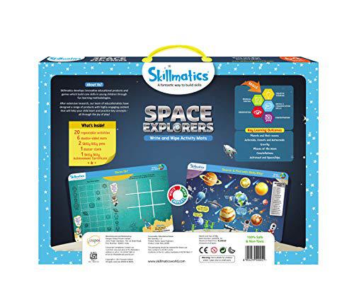 skillmatics educational game: space explorers (6-9 years) | erasable and reusable activity mats with 2 dry erase markers | le