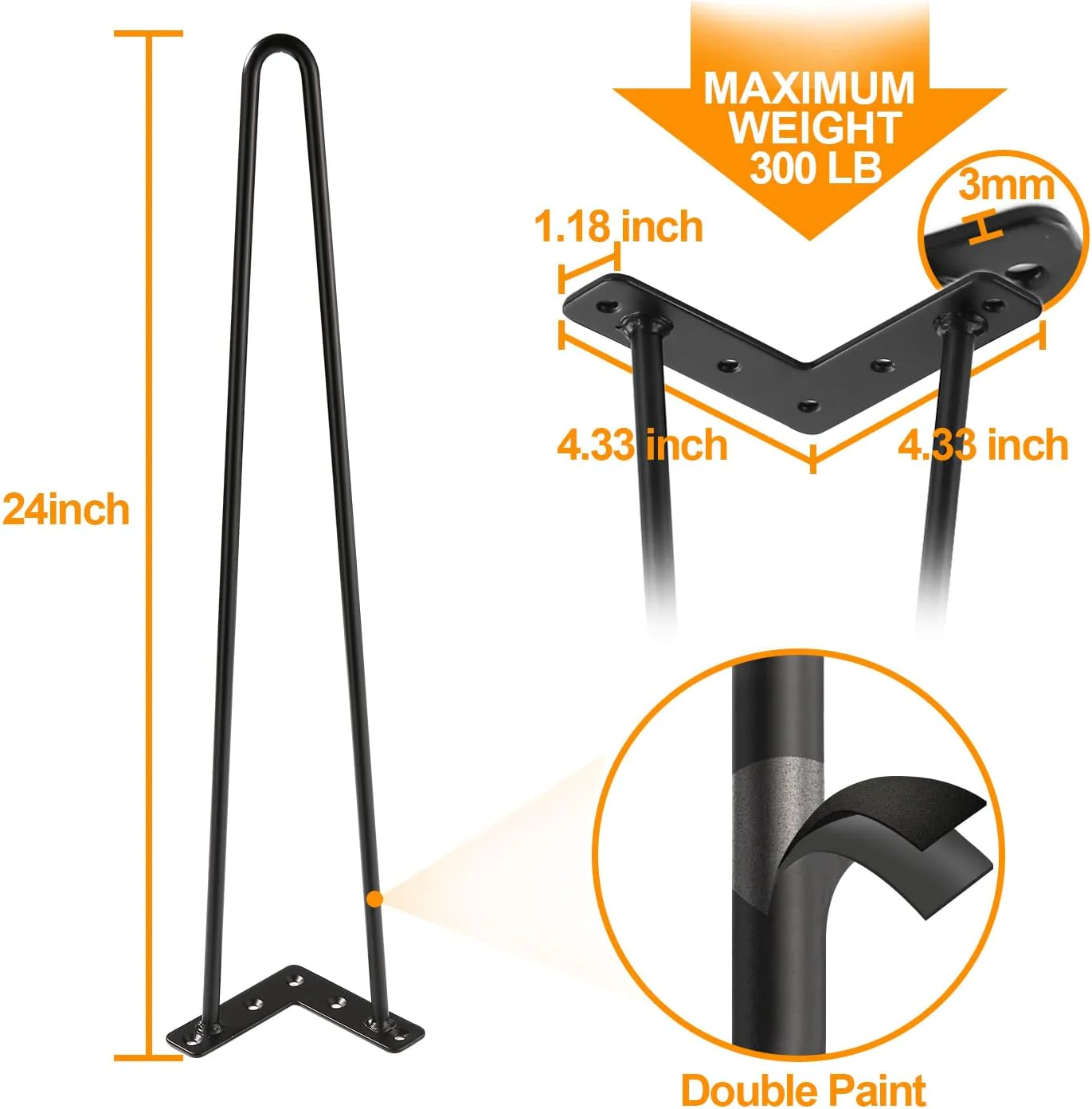 Generic Ironalita 24 Inch Hairpin Legs for Furniture Set of 4, Heavy Duty Industrial Metal Table Legs with 3/8