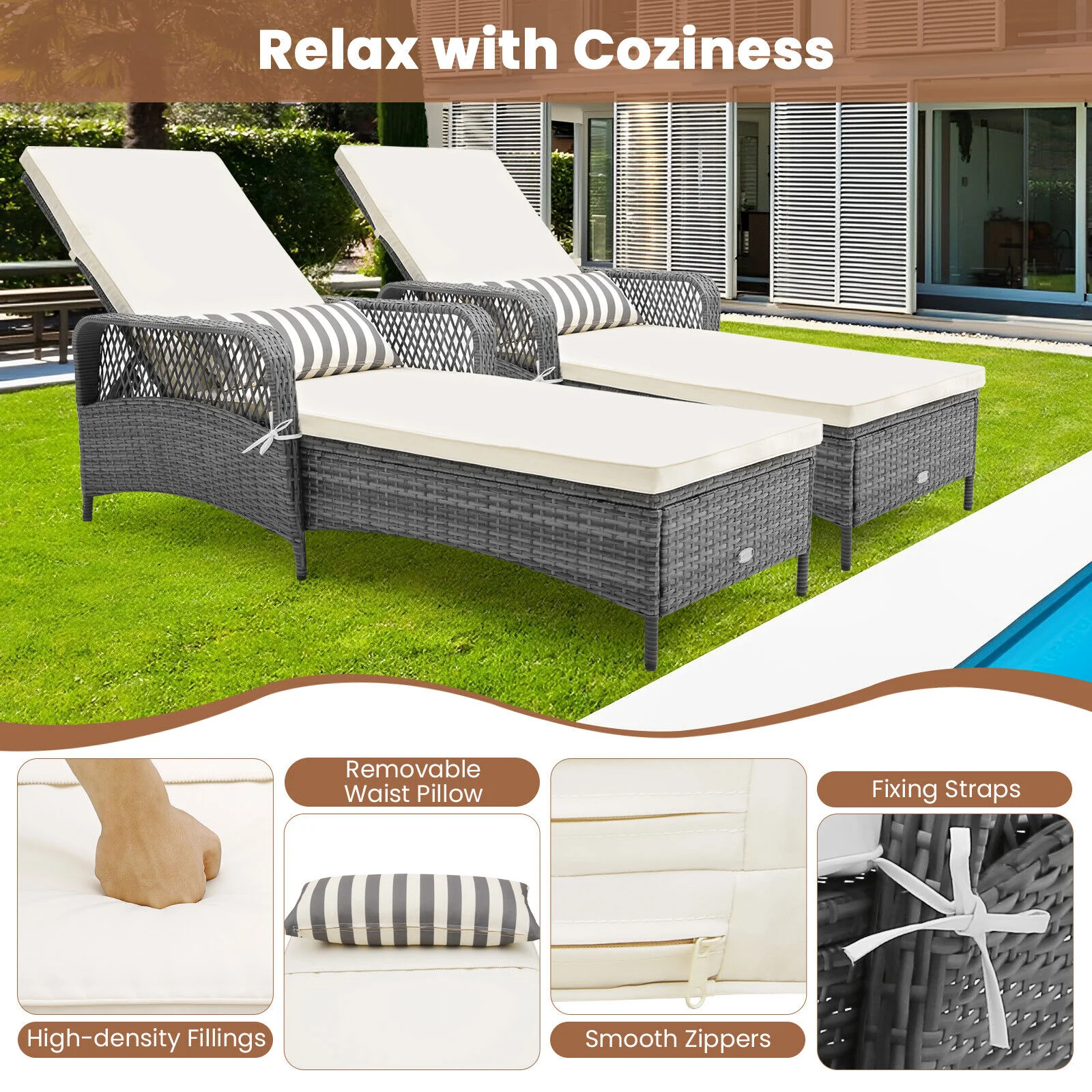 Great Choice Products 2 Pcs Outdoor Chaise Lounge Chair Patio Recliner W/ 6-Level Backrest Cushion
