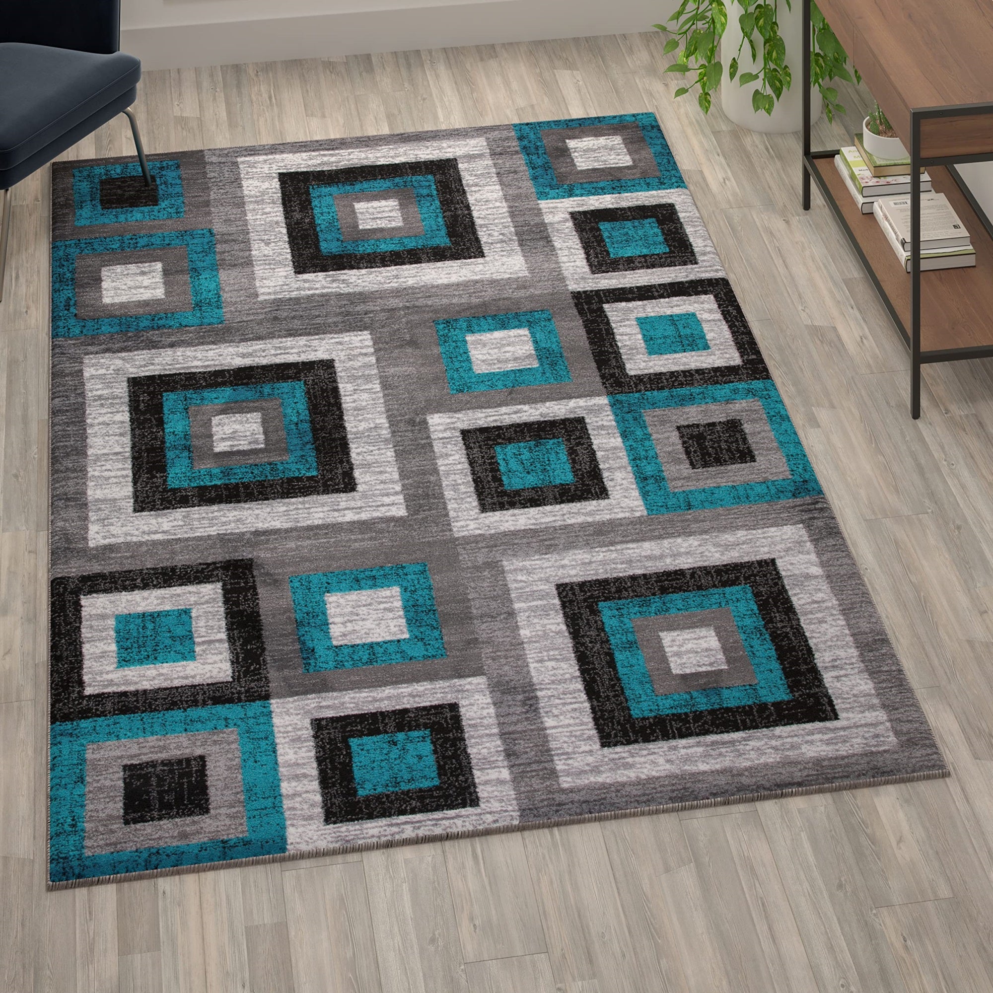 Flash Furniture Gideon Collection Geometric 6&s; x 9&s; Turquoise, Grey, and White Olefin Area Rug with Cotton Backing, Living Room, Bedroom