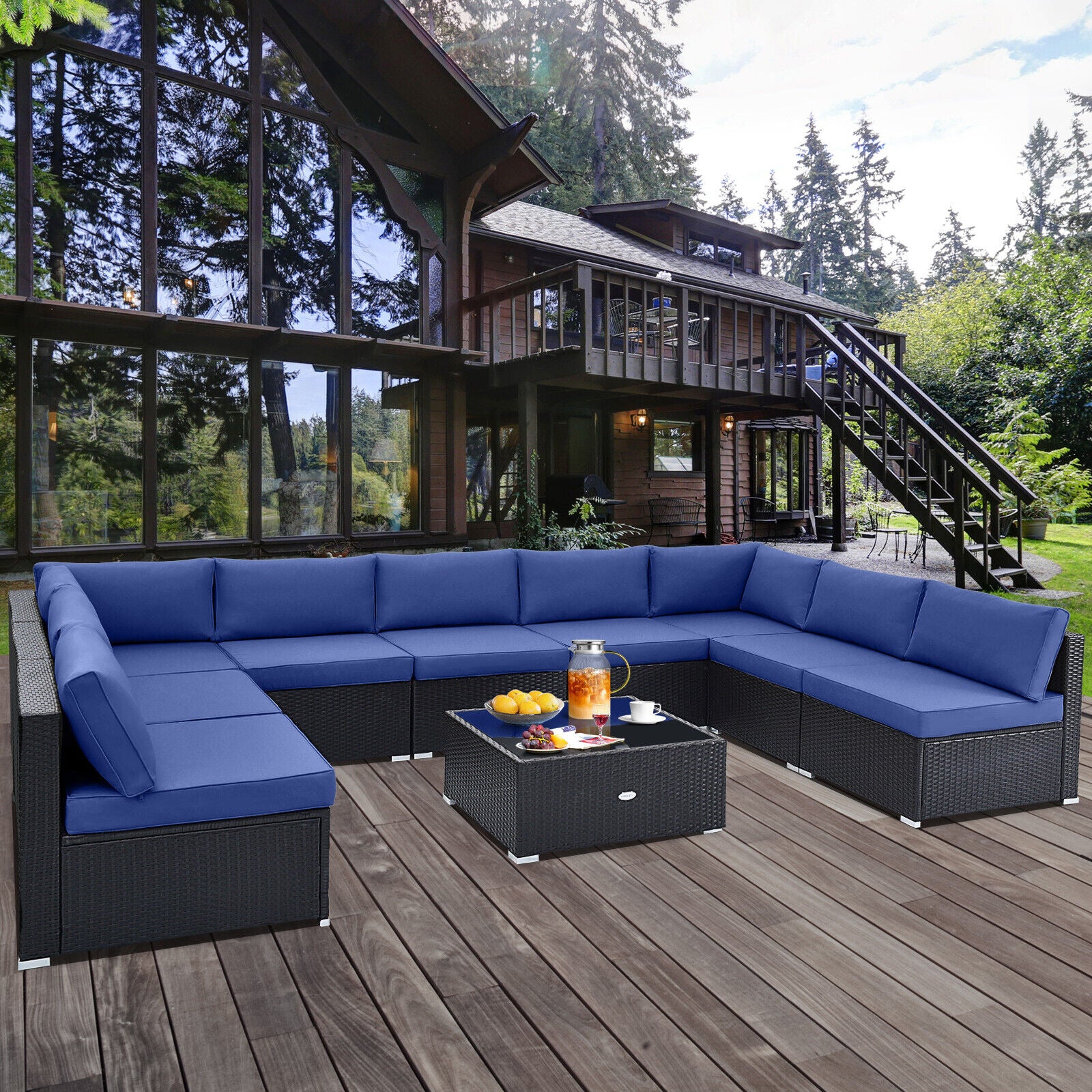 Great Choice Products 10 Pcs Patio Rattan Furniture Set Outdoor Wicker Sofa Table Cushioned Seat Navy