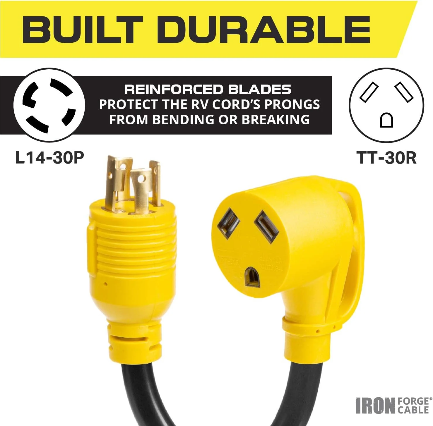 Iron Forge Cable 30 Amp Male to 30 Amp Female Generator and RV Electrical Adapter Power Cord, 12 Inch - 10/3 STW L14-30P Locking 4 Prong Plug to