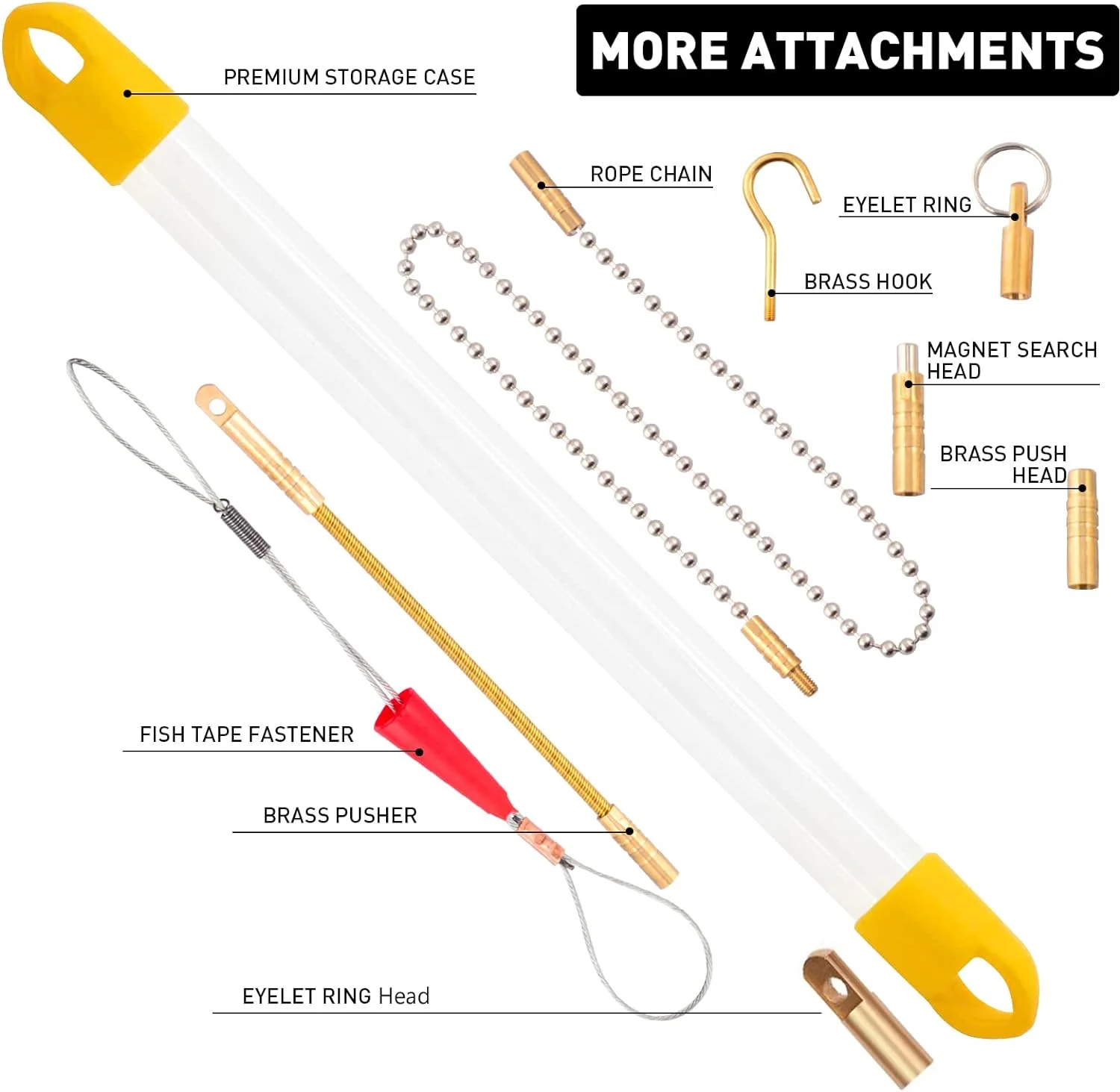 WXTOOLS 11 Feet Fiberglass Fish Tape Wire Puller Glow Rods Coaxial Electrical Connectable Pull Push Kit With Hook And Hole Kit In Trans
