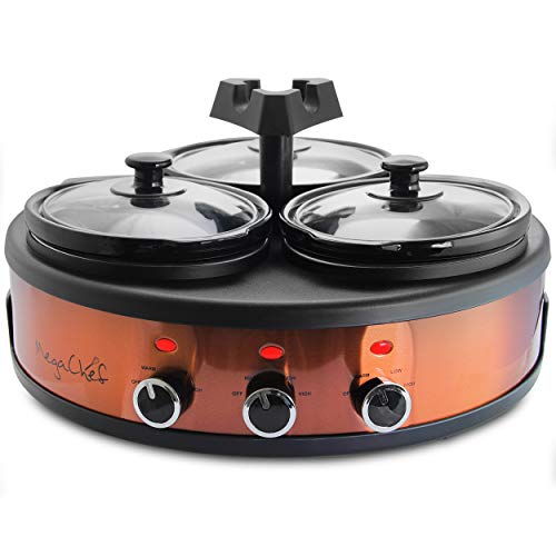 MegaChef MC-1103 Round Triple 1.5 Quart Slow Cooker and Buffet Server Copper 3 Ceramic Cooking Pots and Removable Lid Rests, Bru