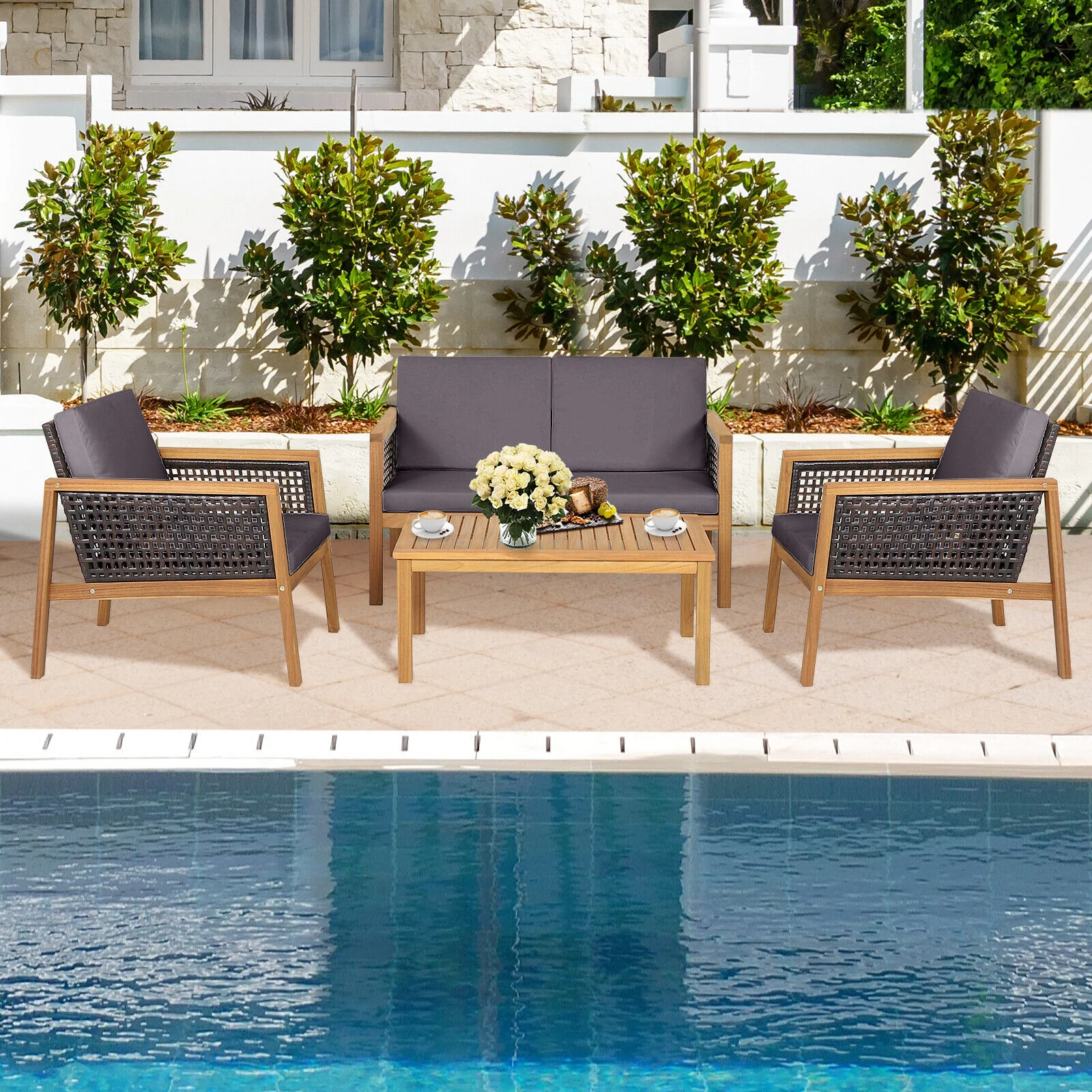 Great Choice Products 8Pcs Patio Rattan Furniture Set Acacia Wood Cushioned Sofa Gray