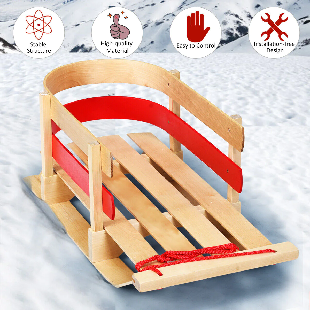 Great Choice Products Baby Kids Wooden Sled W/ Solid Wood Seat Toddler Boggan Outdoor Play Snow Toys