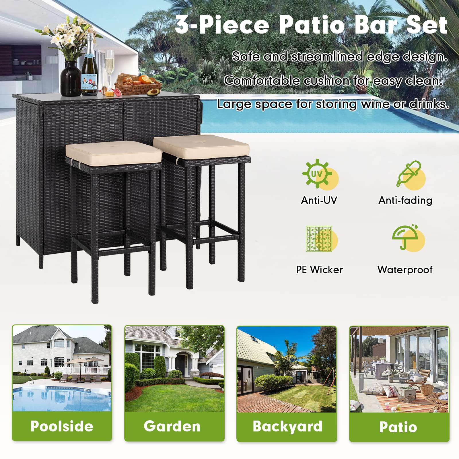 cemeon outdoor bar 3-piece patio bar set with two stools and glass top bar table brown wicker patio furniture with removable