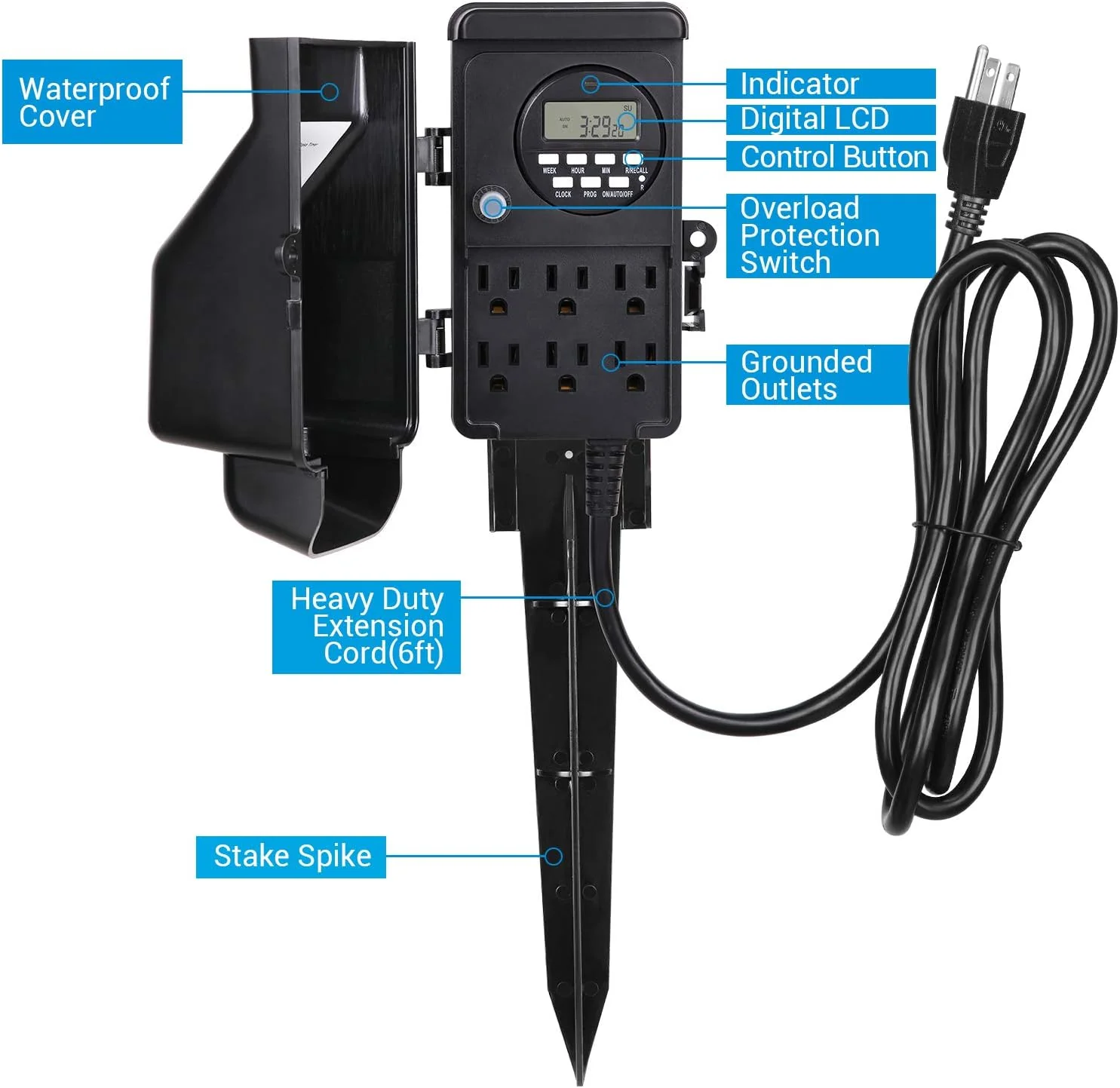 Dewenwils Outdoor Digital Power Strip Timer, Outdoor Multi Socket Time Timer, Waterproof 6 Outlet Garden Power Stake, 6ft Cord, for Garde