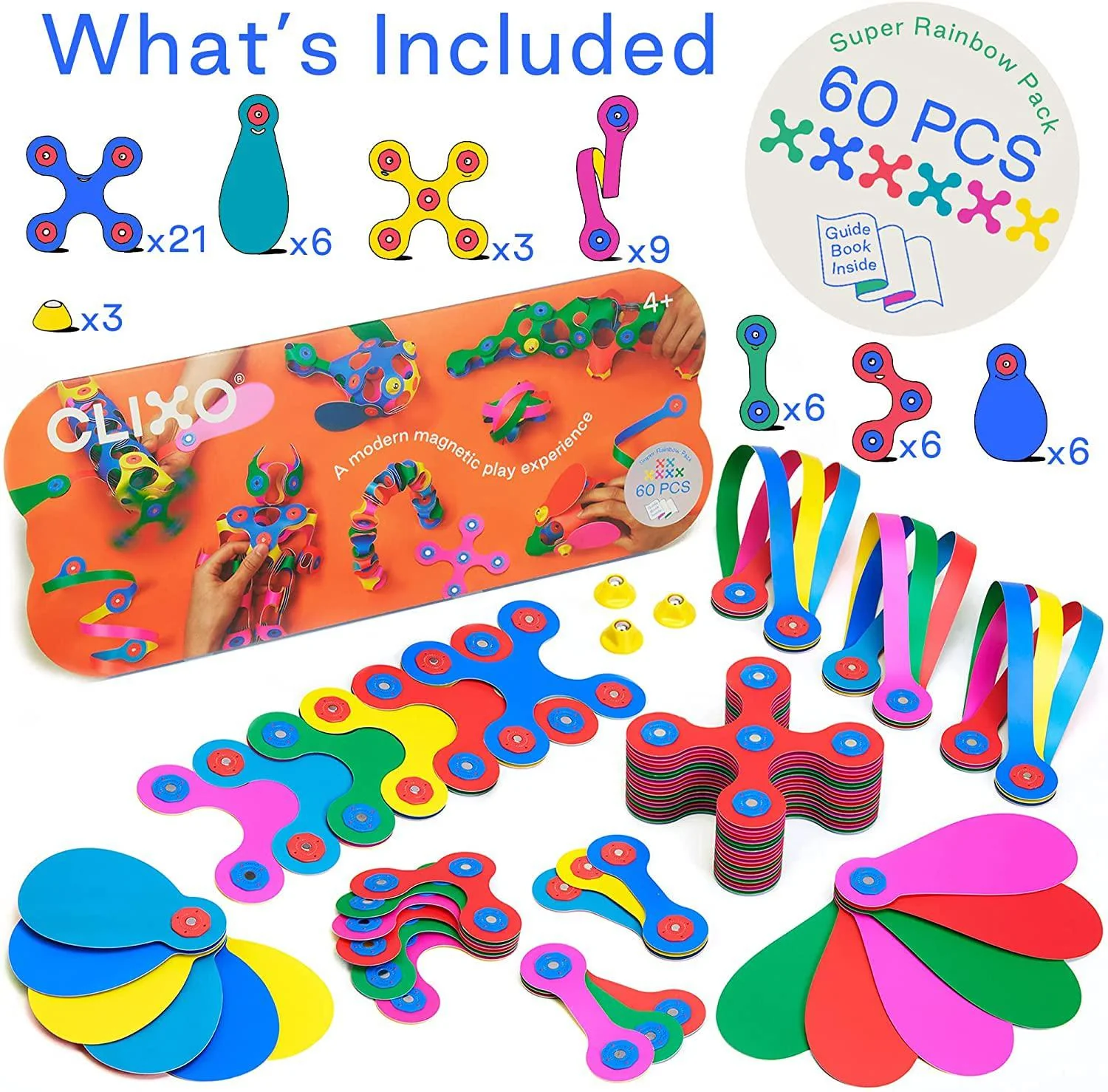 clixo super rainbow, 60 piece pack - a versatile, travel friendly magnetic building toy, flexible design for hours of fun cre