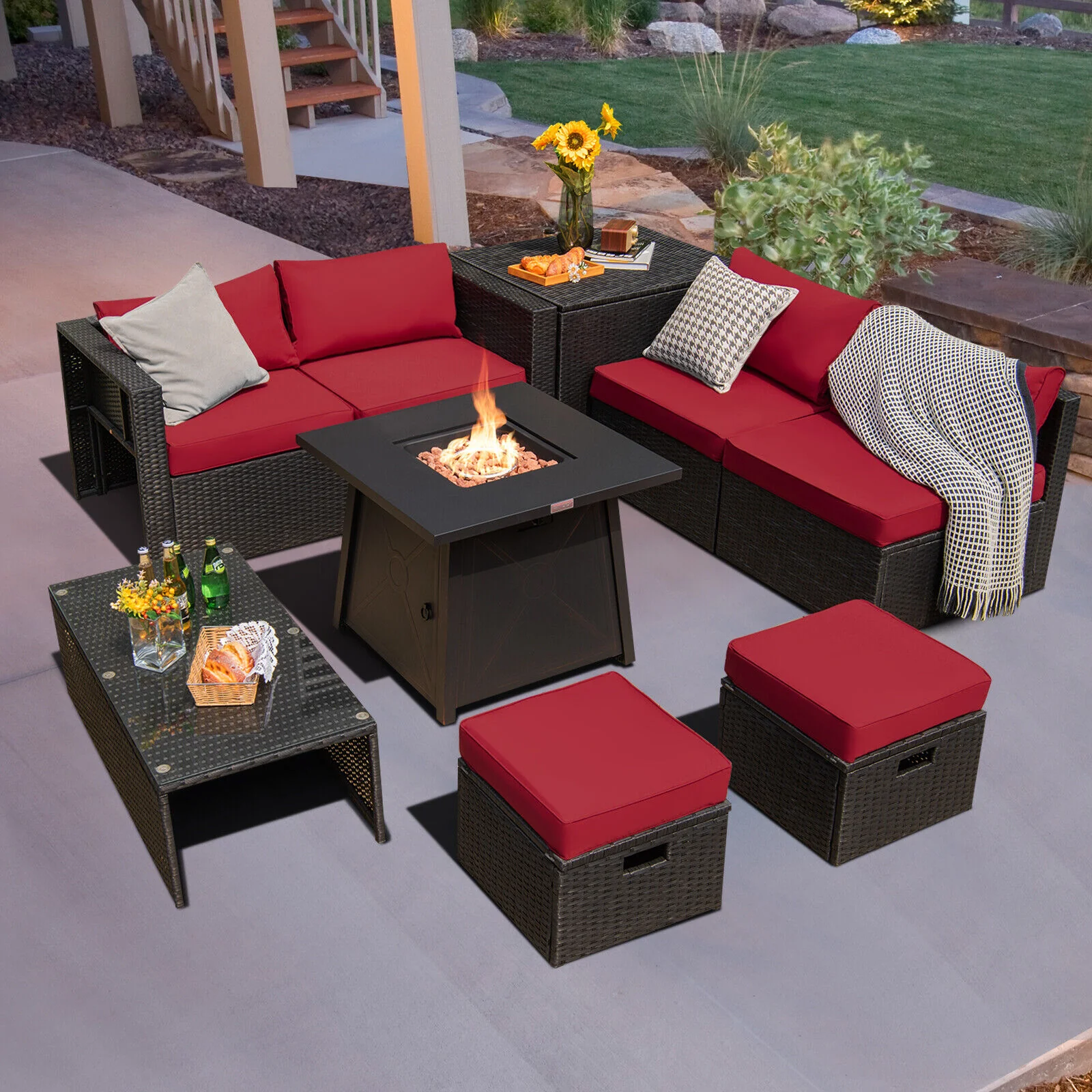 Great Choice Products 9Pcs Patio Rattan Furniture Set Fire Pit Space-Saving W/Cover Red Cushion