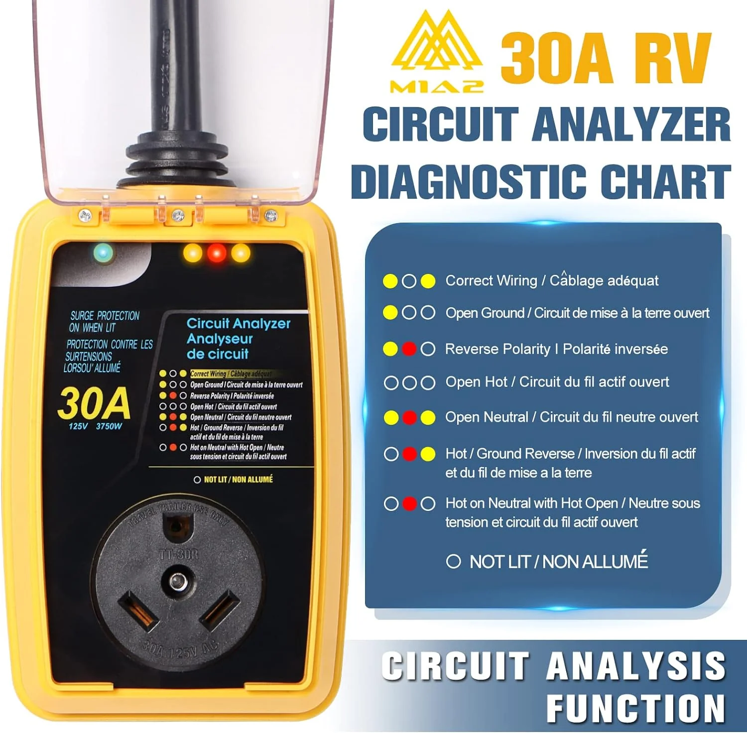 M1A2 New Generation RV Surge Protector 30 Amp with Waterproof Cover Camper Anti-Theft Circuit Analyzer Tester Plug with UL Tested