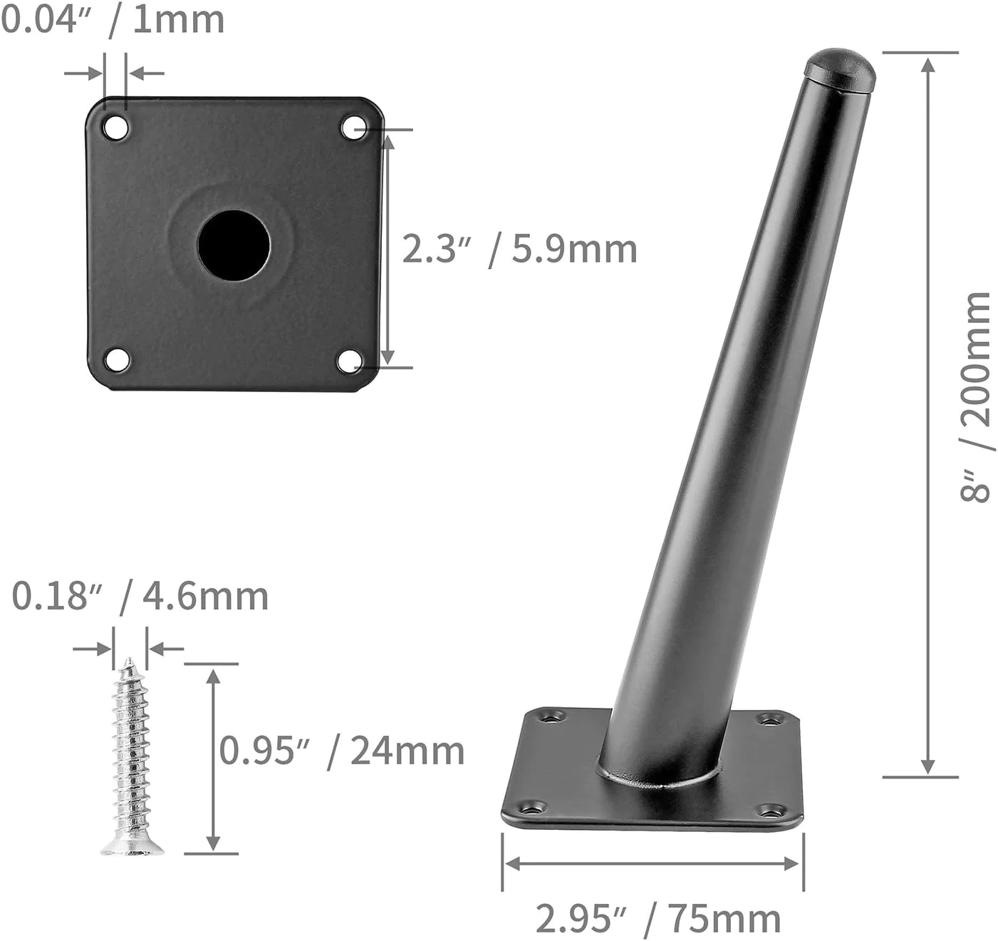 Seimneire 4pcs 8 Inch Furniture Legs, Oblique Conical Metal Legs Matte Black Mid-Century Style Furniture Feet for Sofa Cabinet Table Chai